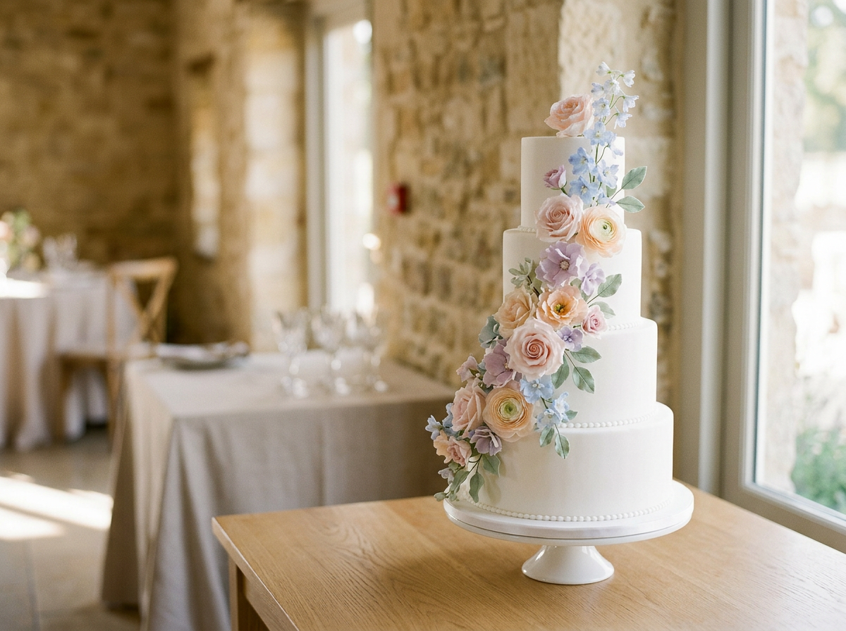 Ai generated white 4 tier wedding cake with cascade of pastel sugar flowers