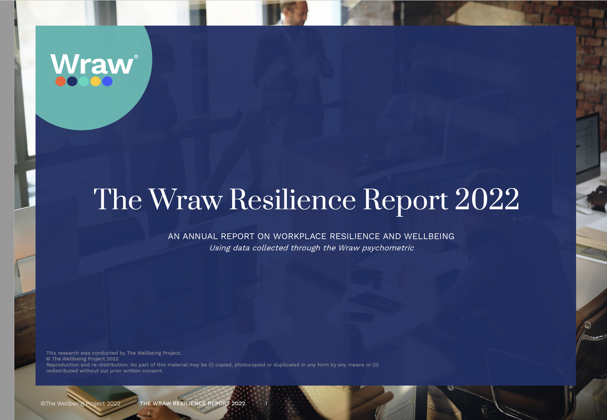 Cover of "The Wraw Resilience Report 2022" with a focus on workplace resilience and wellbeing, featuring a blurred office background and the Wraw logo.