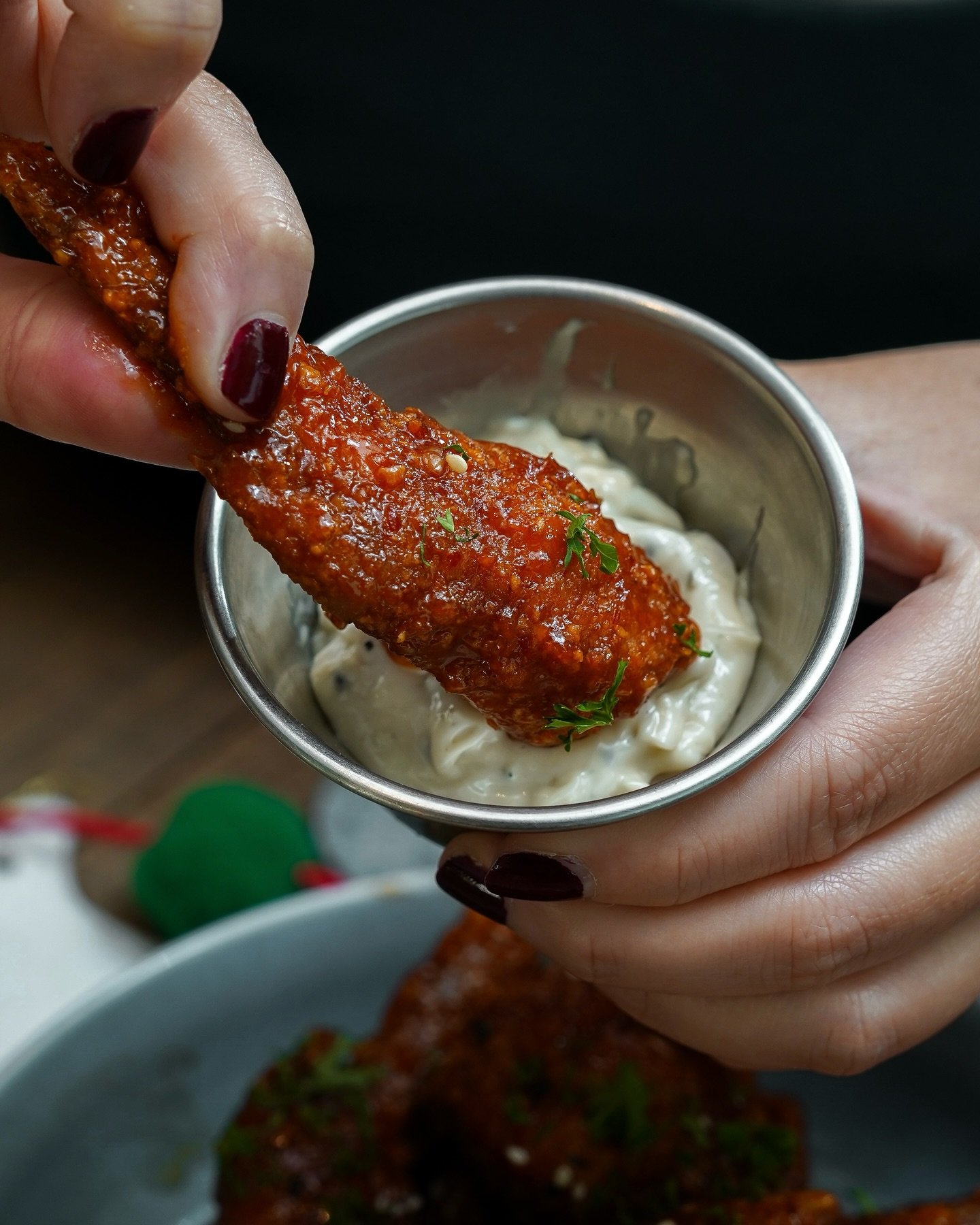 Boneless midjoint wings, coated with a tangy and spicy buffalo sauce, comes with a blue cheese dip. Should we put these on our menu? 🤔