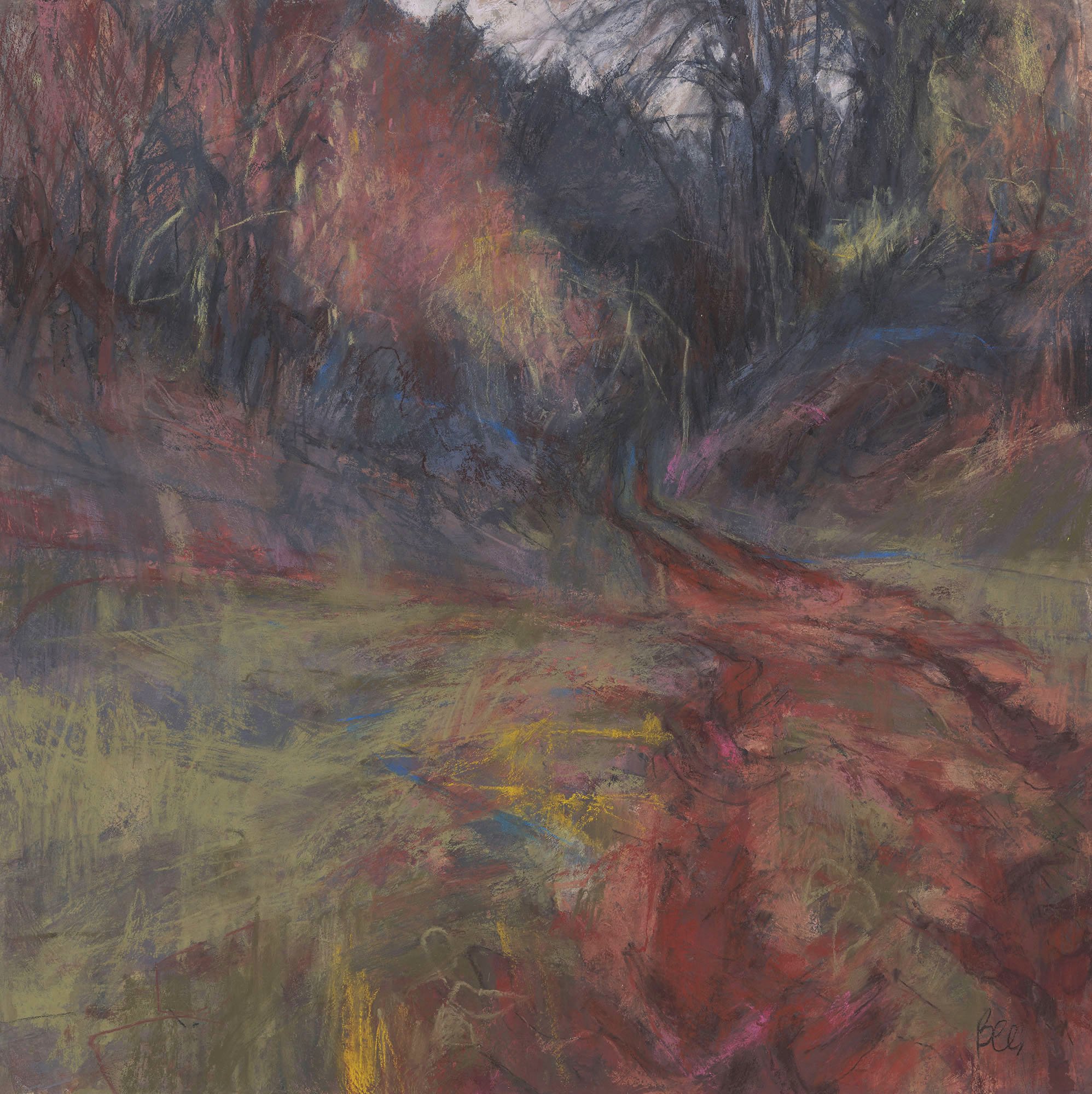 S Bee PS Late Afternoon, Catkins and Red Mud pastel with acrylic 59x59cms lowres brjpg.jpg