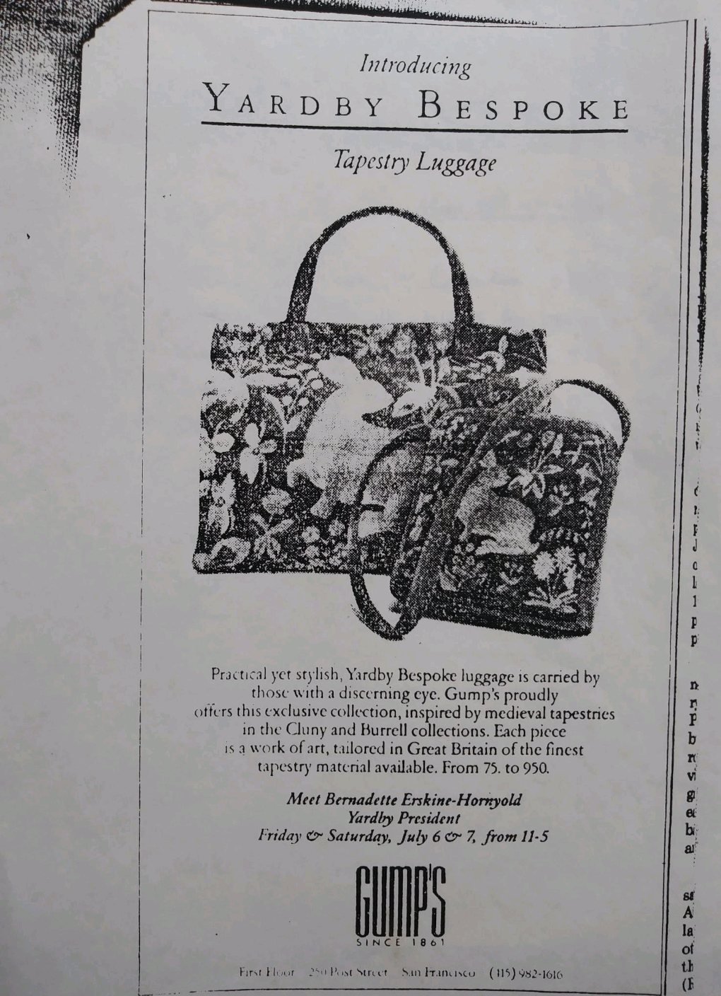 An Ad from the San Francisco Chronicle regarding Bernadette's appearance at Gumps with her 1992 collection of Cluny Rabbit Tapestry Luggage. 
