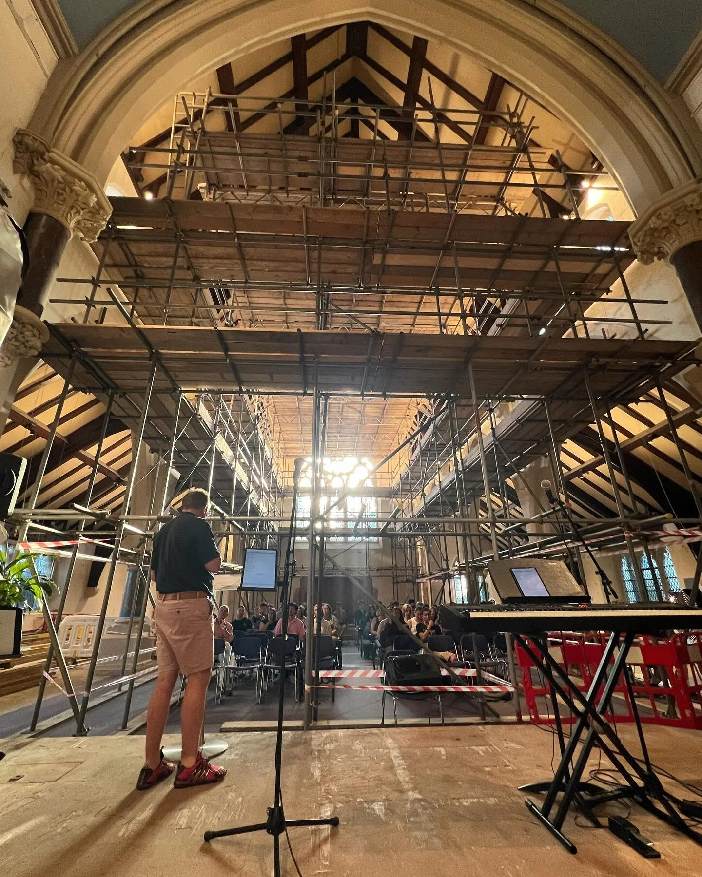 It has been SO good to gather on Sundays, even in the midst of scaffolding! Since last week, scaffolding has gone up in the apse and the stage is coming together! In light of this, we&rsquo;ll be back facing west at our services this weekend. Here ar