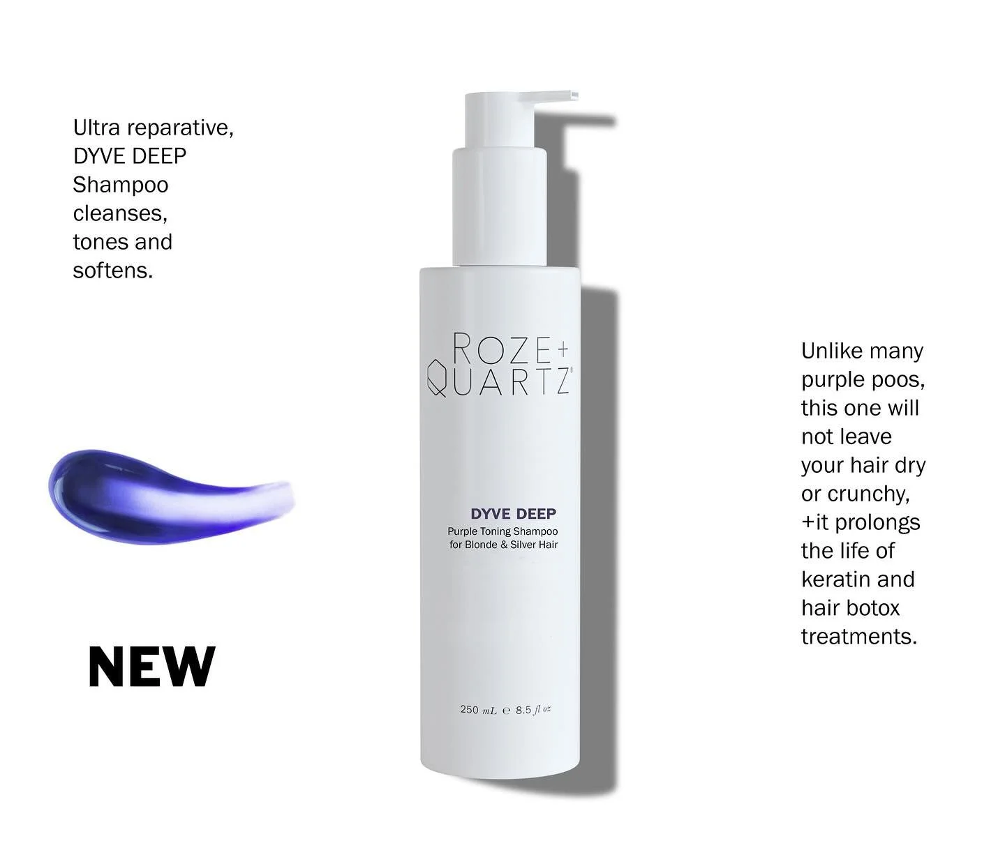 NEW PRODUCTS ALERT! Color therapy for blonde and gray hair, Roze + Quartz Dyve Deep Shampoo, Conditioner and Hair Mask tone brassy vibes to maintain beige blonde and cool silver hair. Dyve Deep Shampoo and Conditioner are formulated with Facet Fix - 