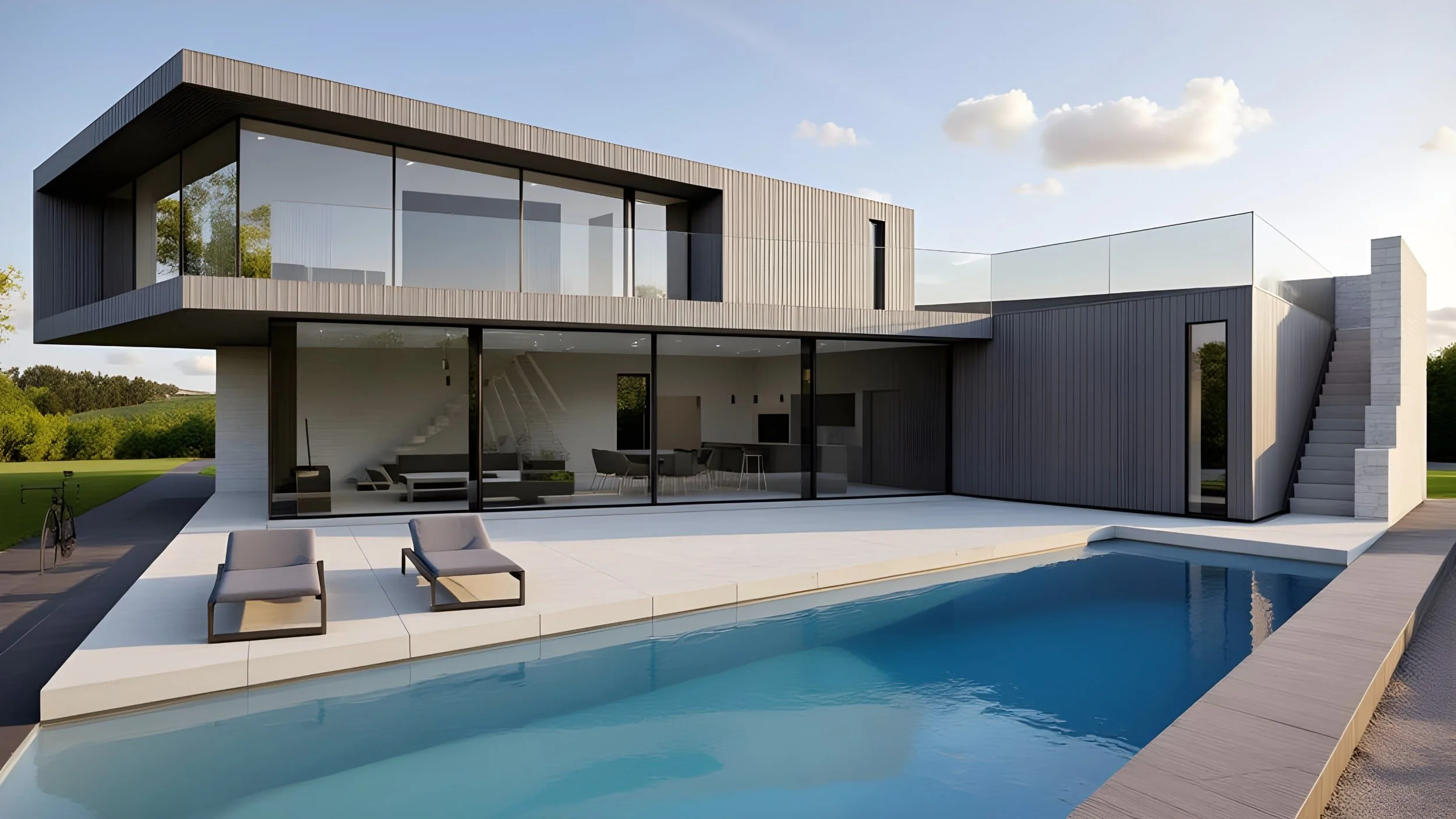 Modern two-story rural villa house with large glass windows, a swimming pool, and outdoor lounge chairs.