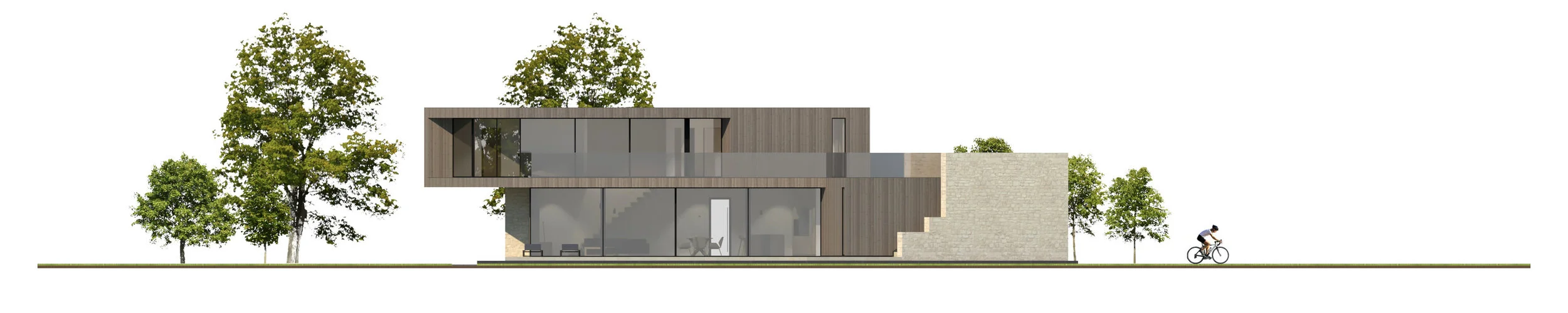 Modern two-story house with large glass windows, wooden exterior, and a stone staircase, surrounded by trees, with a cyclist riding by.