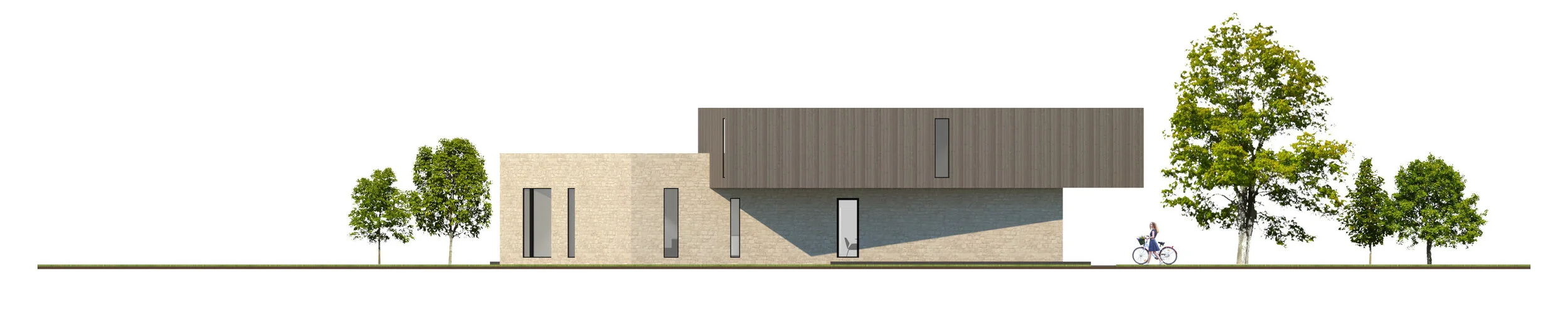 Side view of a modern house with a flat and sloped roof, surrounded by trees, with a person riding a bicycle nearby.