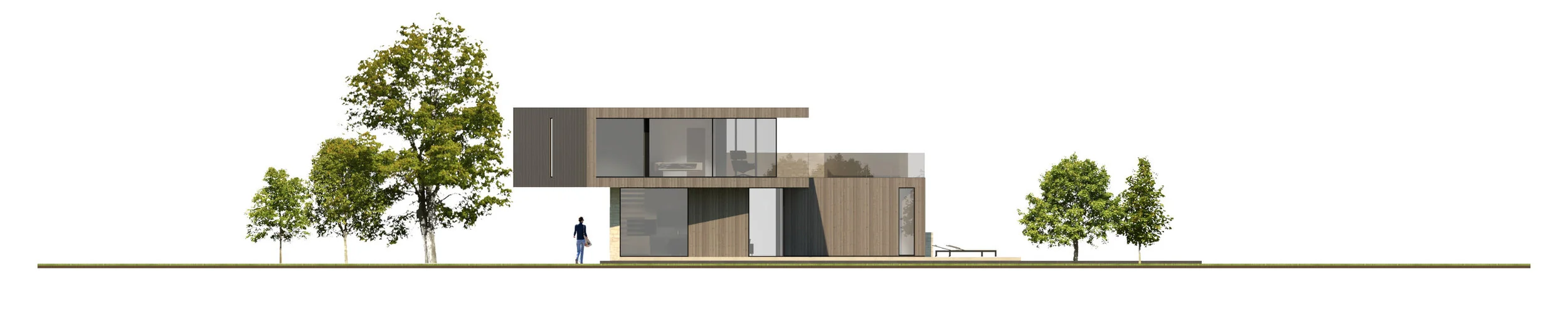 Modern two-story house with large glass windows, wooden facade, and flat roof, surrounded by green trees and a person walking nearby.
