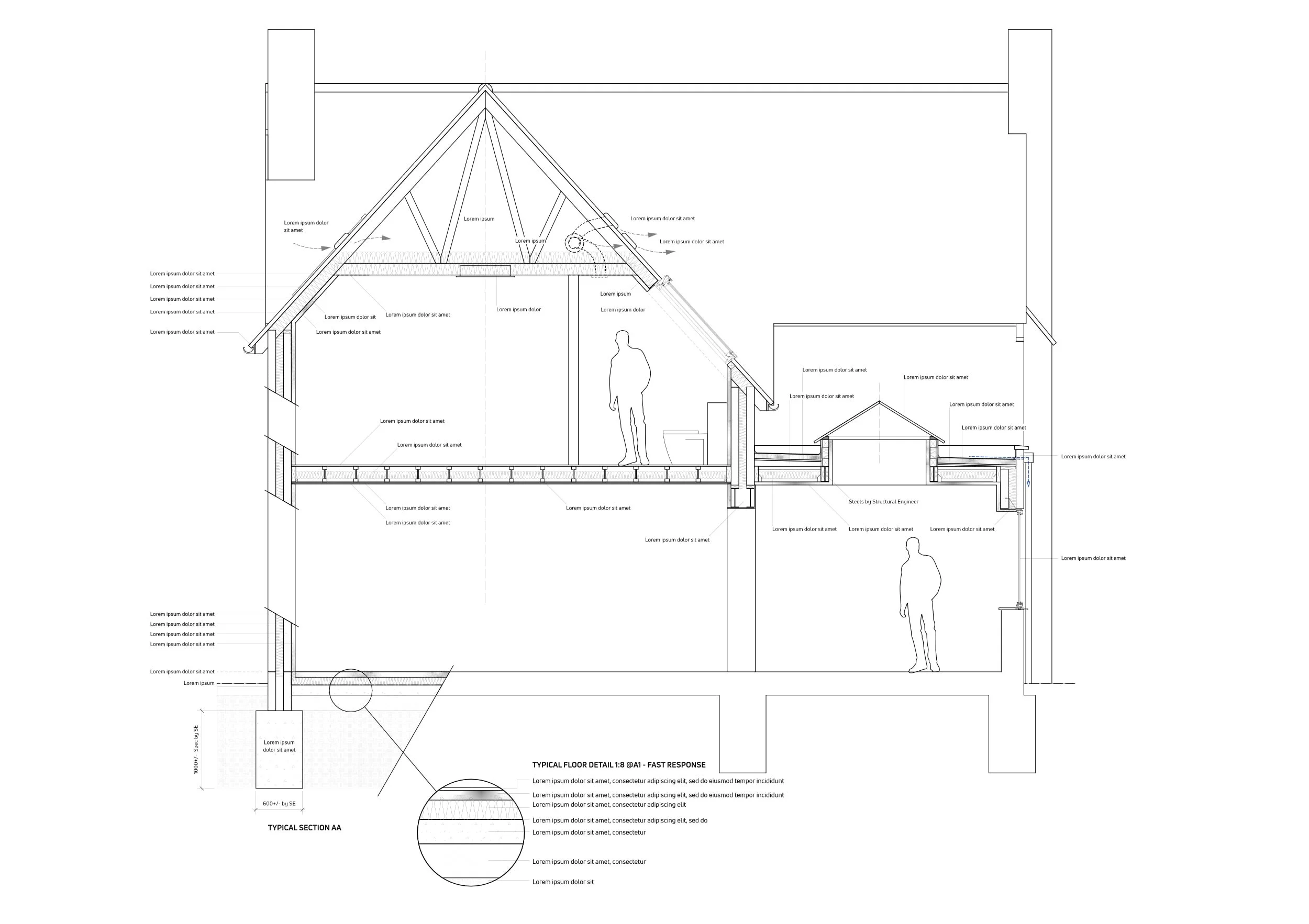 Architectural section drawing of a building showing interior layout, structural elements, and human figures for scale.