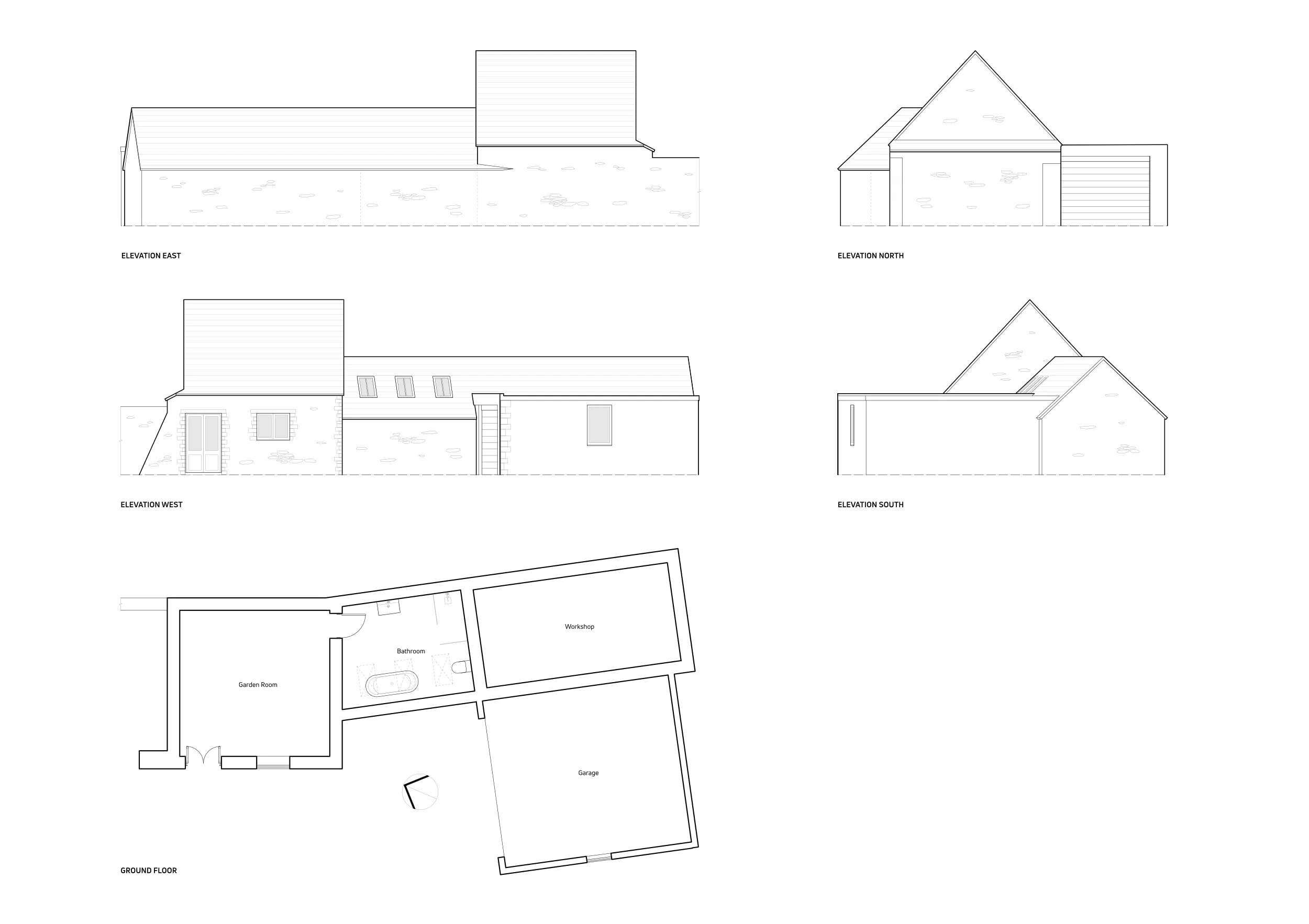 Architectural elevation drawings and floor plan of a building, showing east, north, west, south elevations, and a ground floor layout with rooms labeled garden room, bathroom, workshop, and garage.