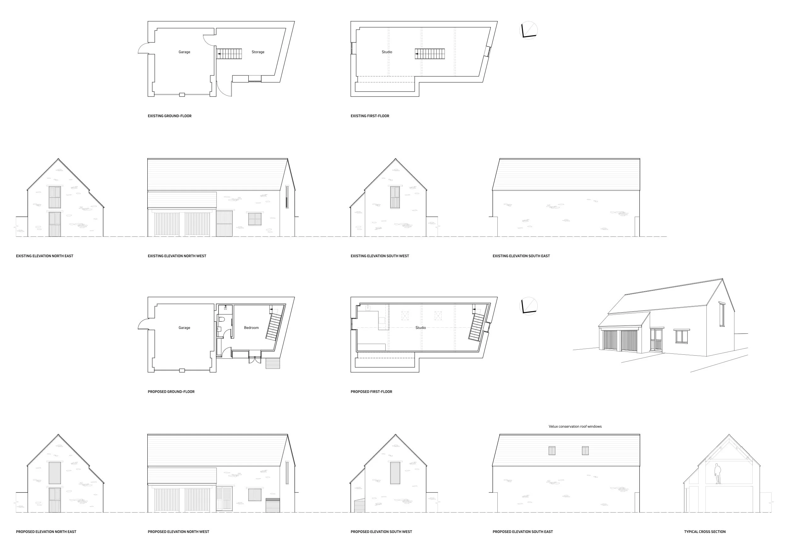 Architectural drawings and elevations of a residential building showing existing and proposed ground floors, first floors, and exterior elevations with front, back, and side views, including a cross-section view.