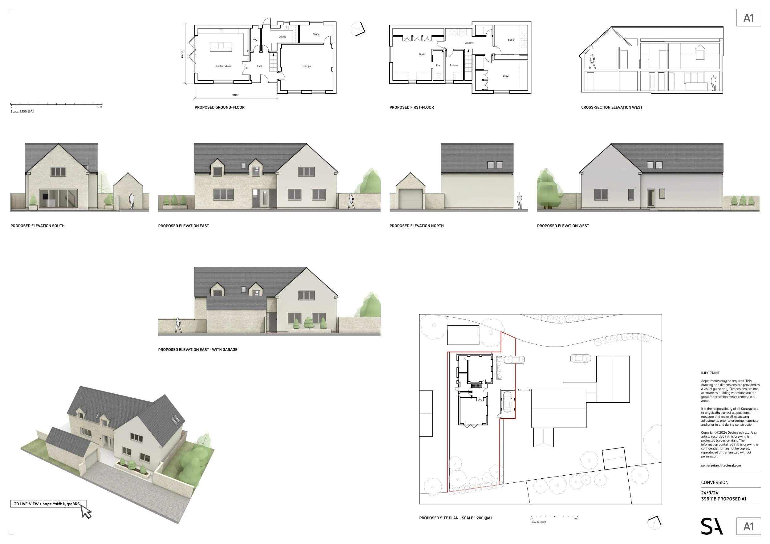 Architectural drawings and plans for a residential house, including ground and first floor plans, elevations from multiple directions, a 3D view, and a site plan with measurements.