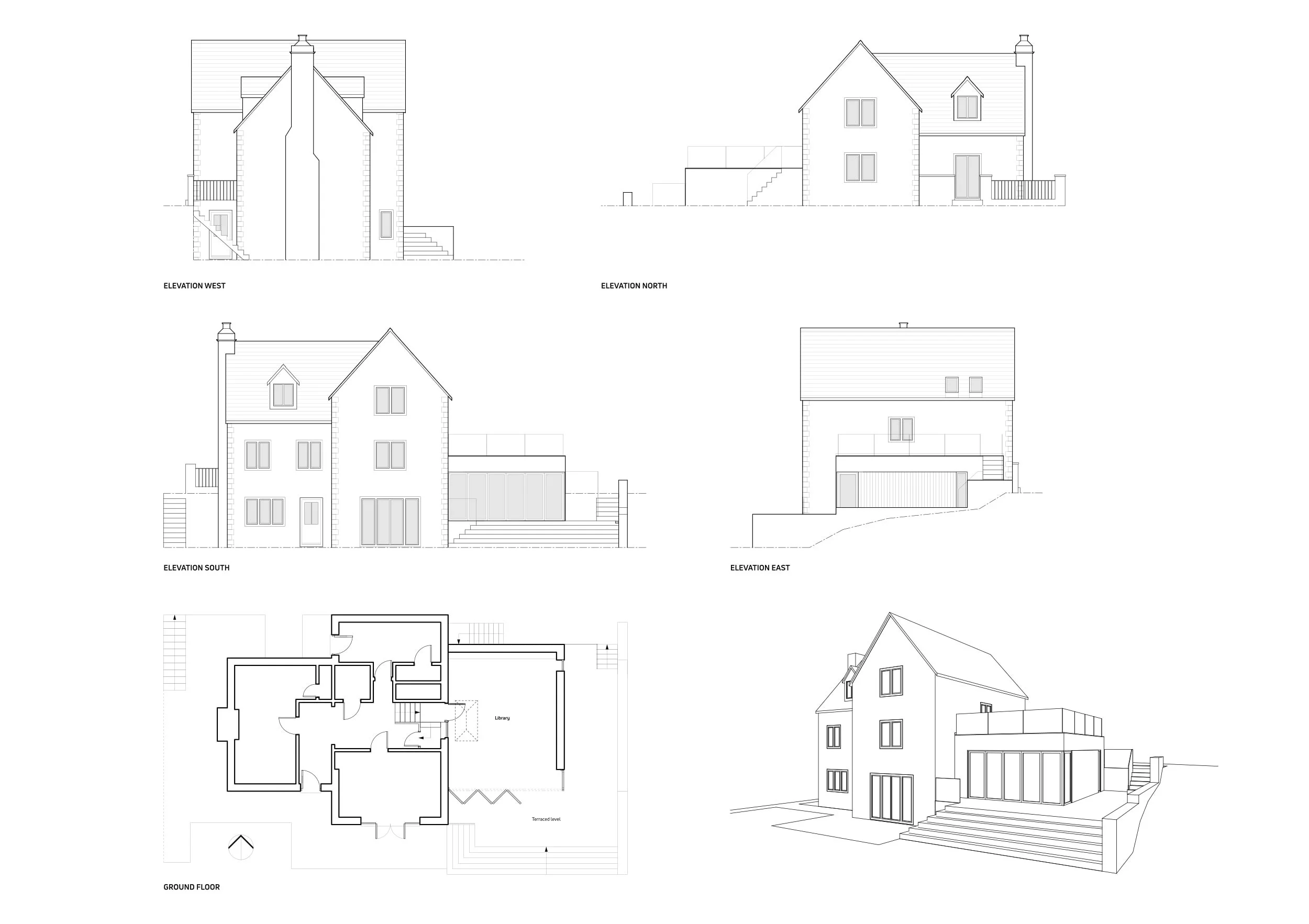 Architectural drawings of a multi-story residential house, including elevation views from west, north, south, east, a ground floor plan, and a 3D perspective.