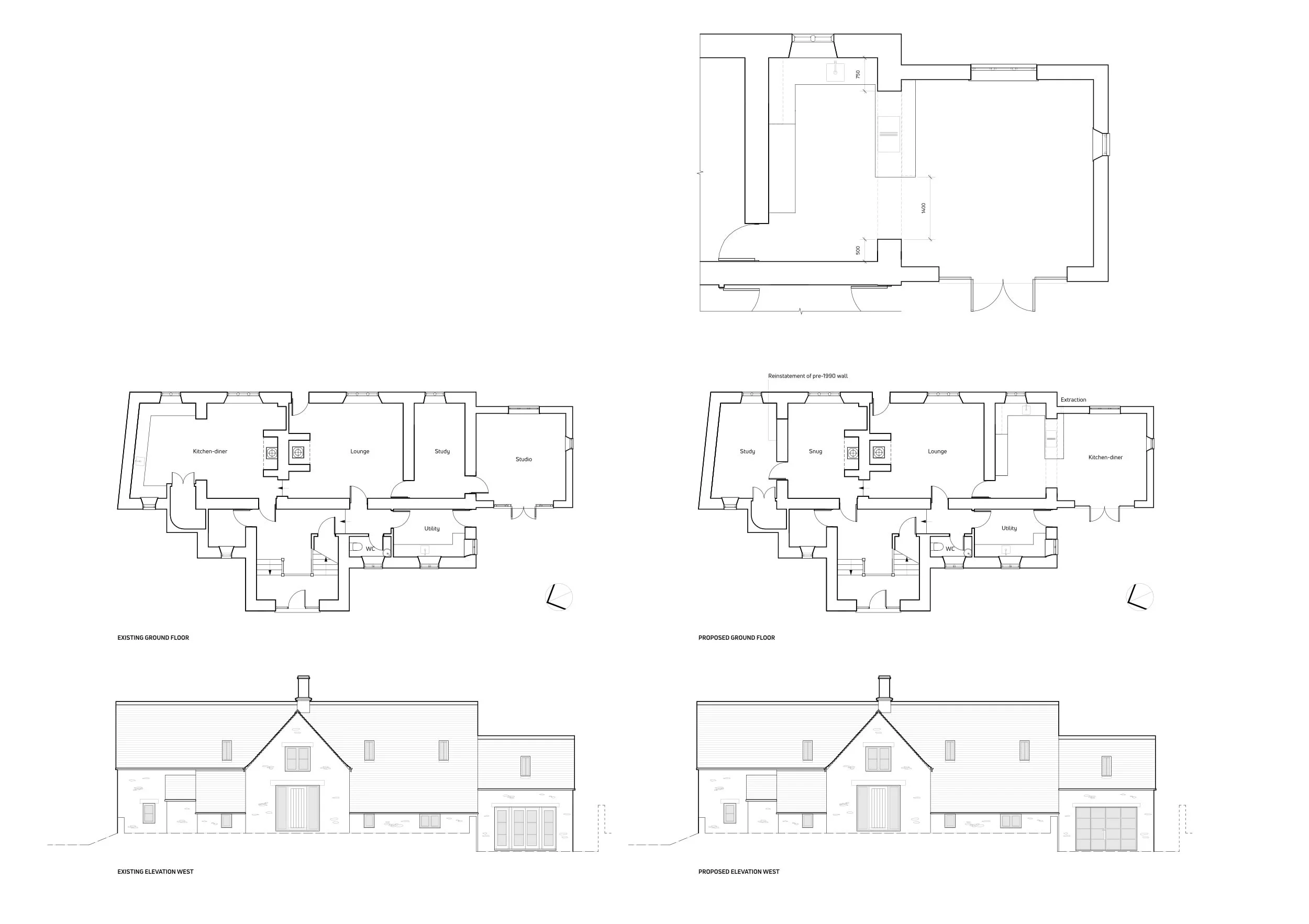 Architectural floor plans comparing existing and proposed layouts of a house, including ground floor plans and west elevation views.