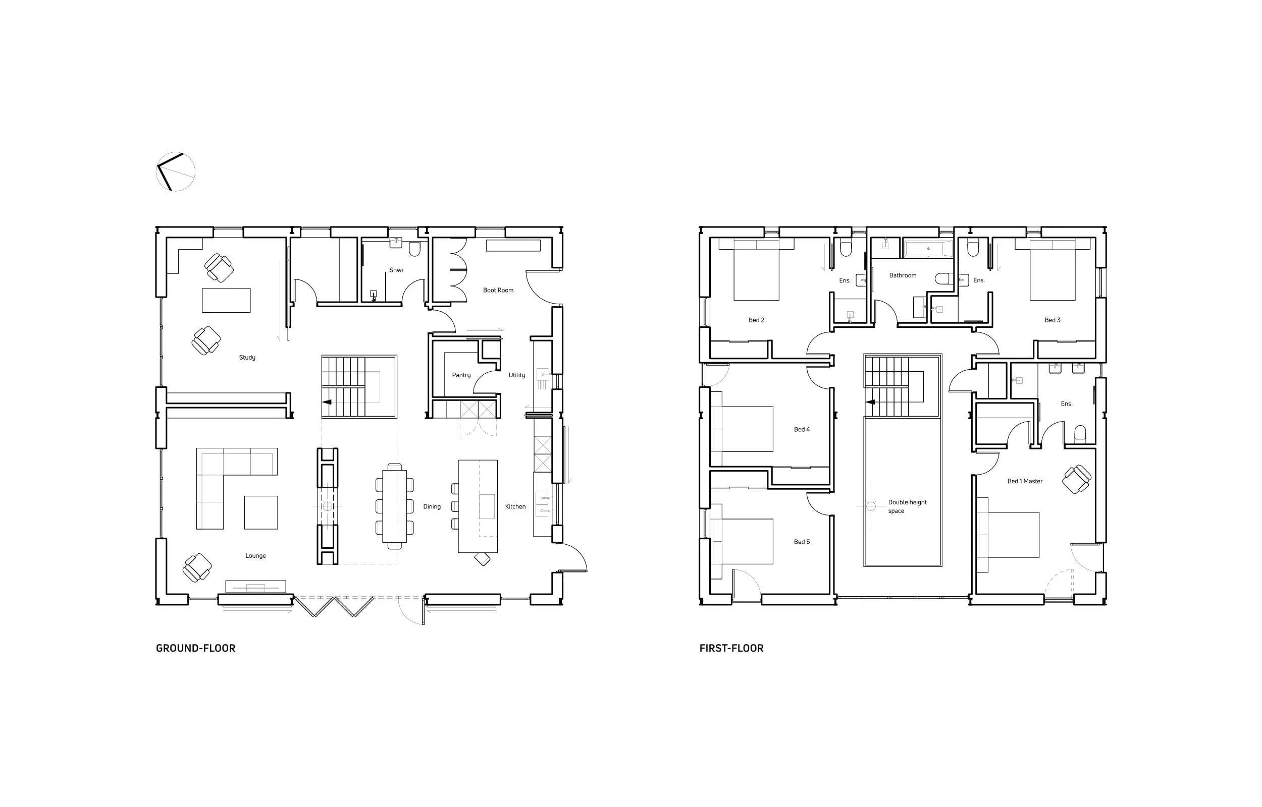 Floor plan of a two-story house with labeled rooms, including living room, kitchen, dining area, study, bedrooms, bathrooms, and utility spaces.