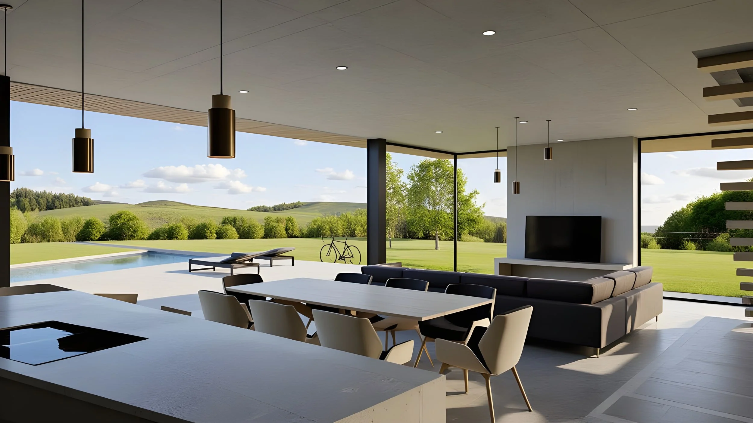 Modern open living space with large glass walls showing a green landscape, black and white furniture, and a swimming pool outside.
