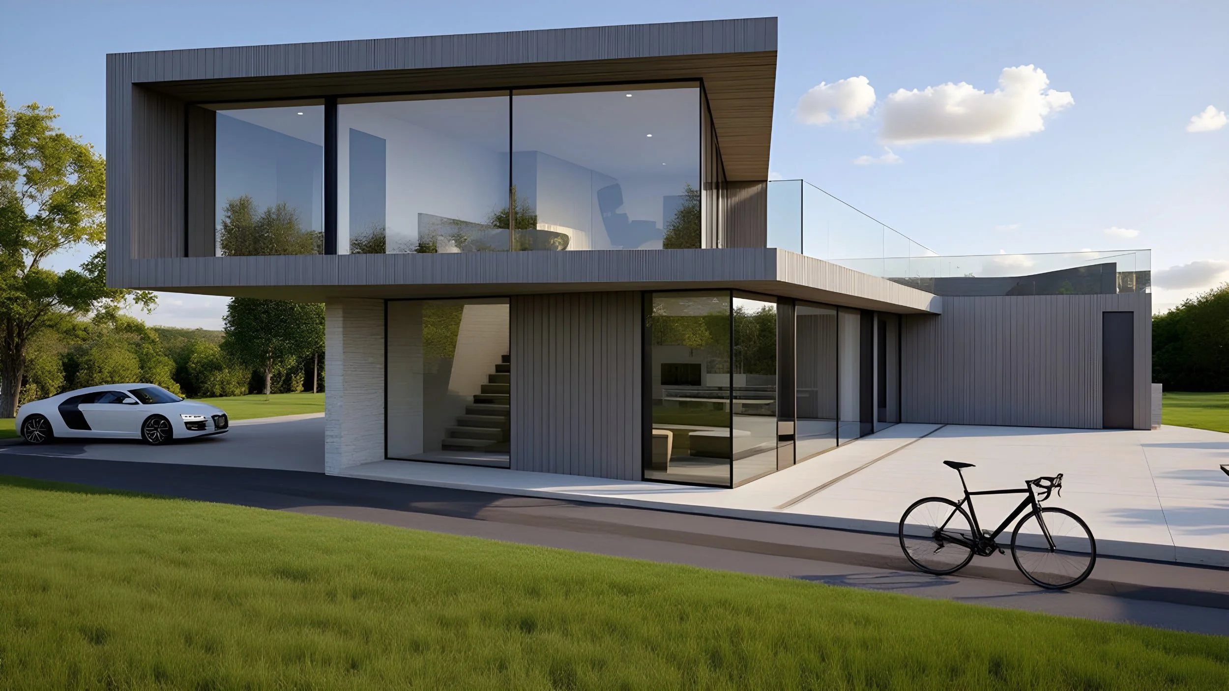 Modern rural villa two-story house with large glass windows, located in a green landscape with a white sports car and a black bicycle parked outside.
