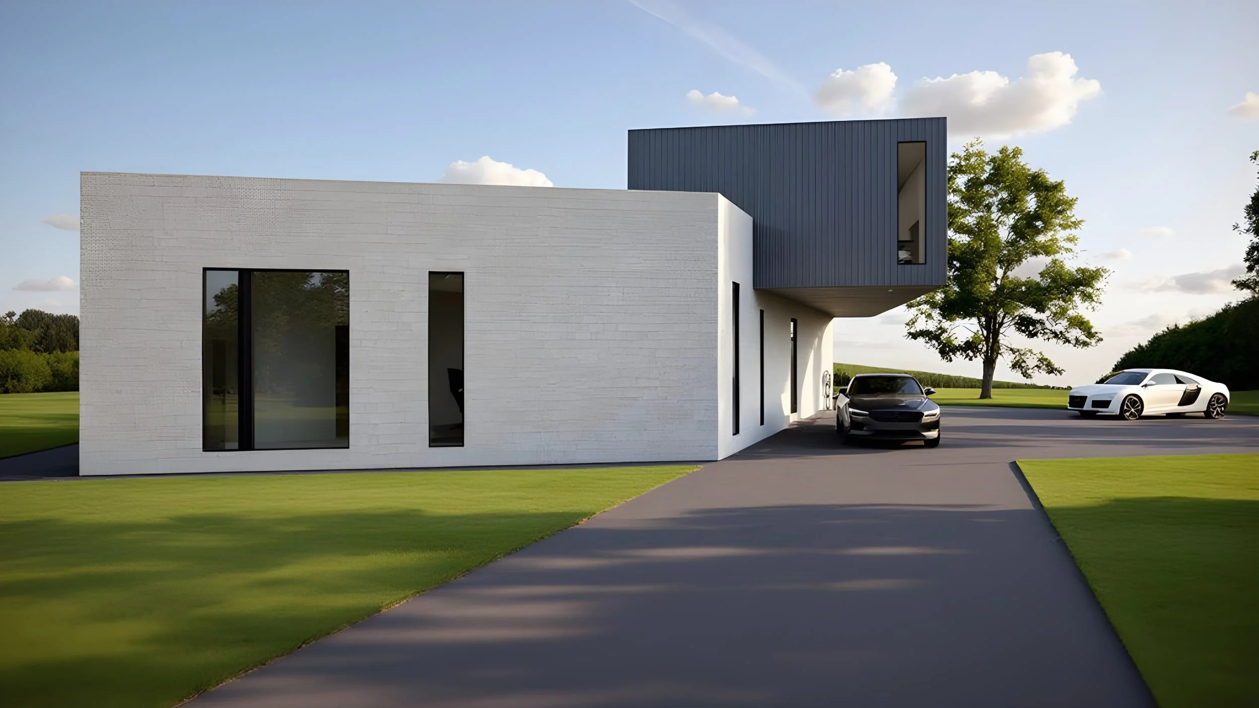 Modern rural villa house with white brick and dark gray accents, two cars parked outside, green lawn, and a tree under a partly cloudy sky.