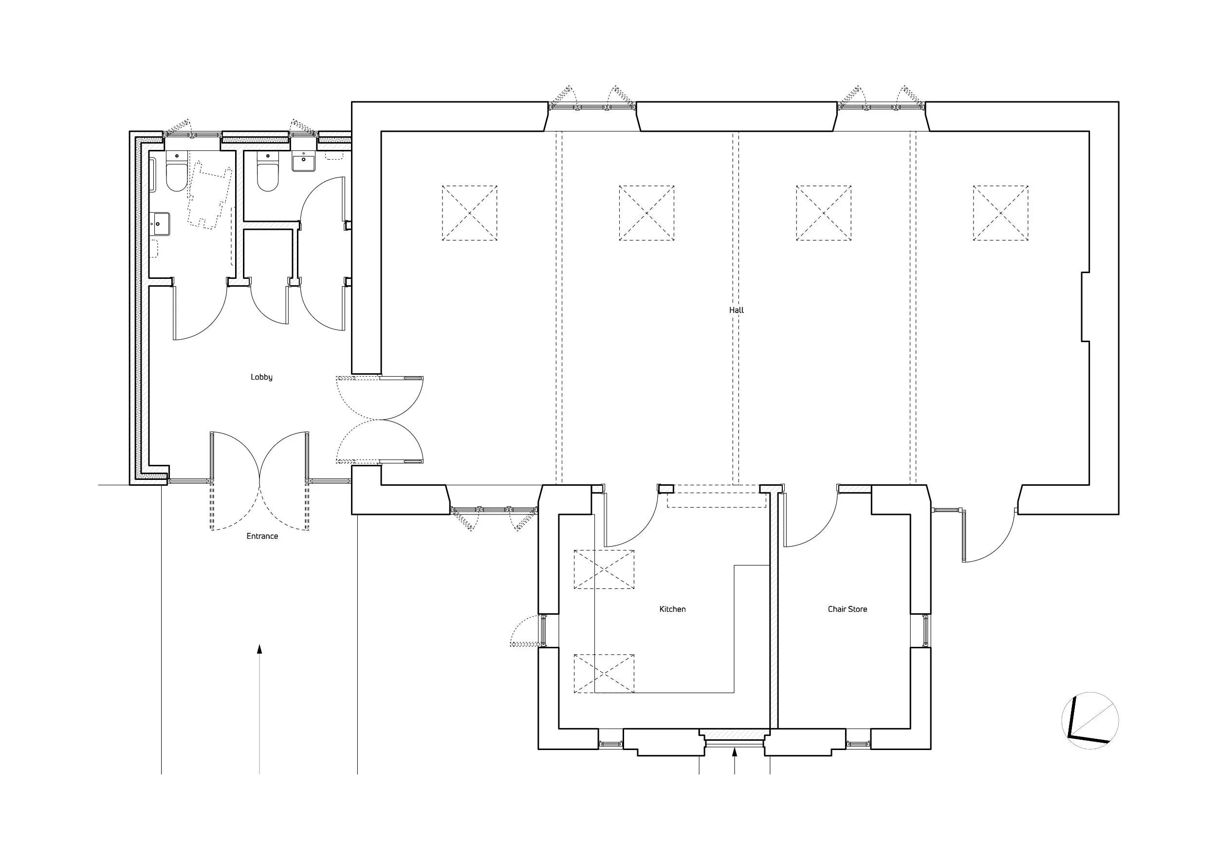 Architectural floor plan of a building with labeled rooms, including entrance, lobby, hall, kitchen, and chair store.