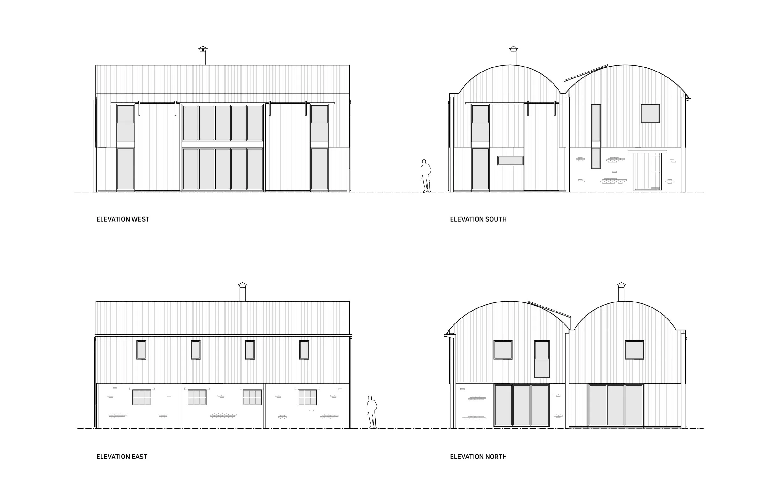 Architectural blueprint with four elevation views of a modern two-story house, showing west, south, east, and north sides, with a sequence of windows, doors, and rooflines. A human figure is included for scale.