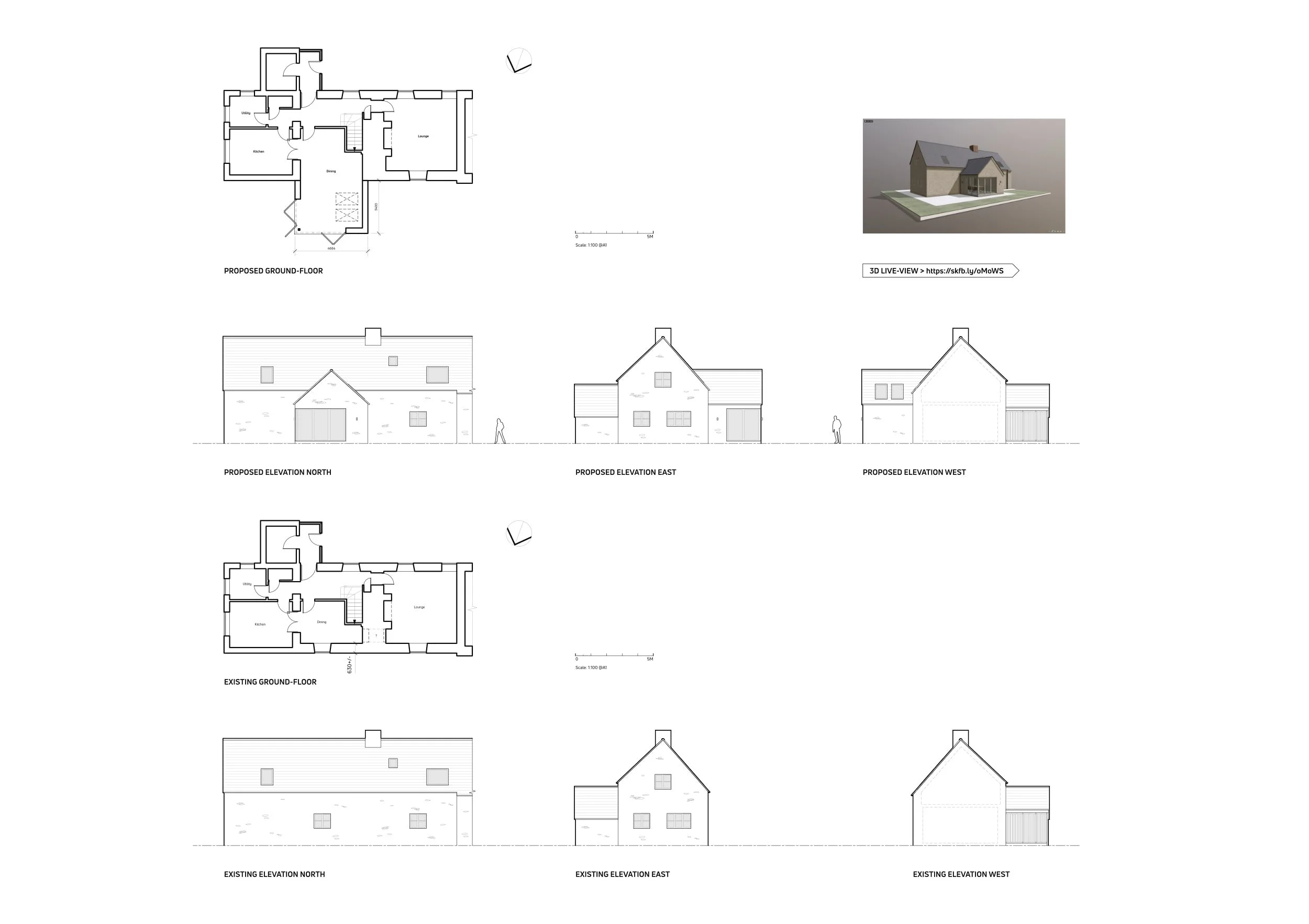 Architectural plans and elevations of a house, including proposed and existing ground floors, and north, east, and west elevations, with a small 3D model preview in the top right corner.
