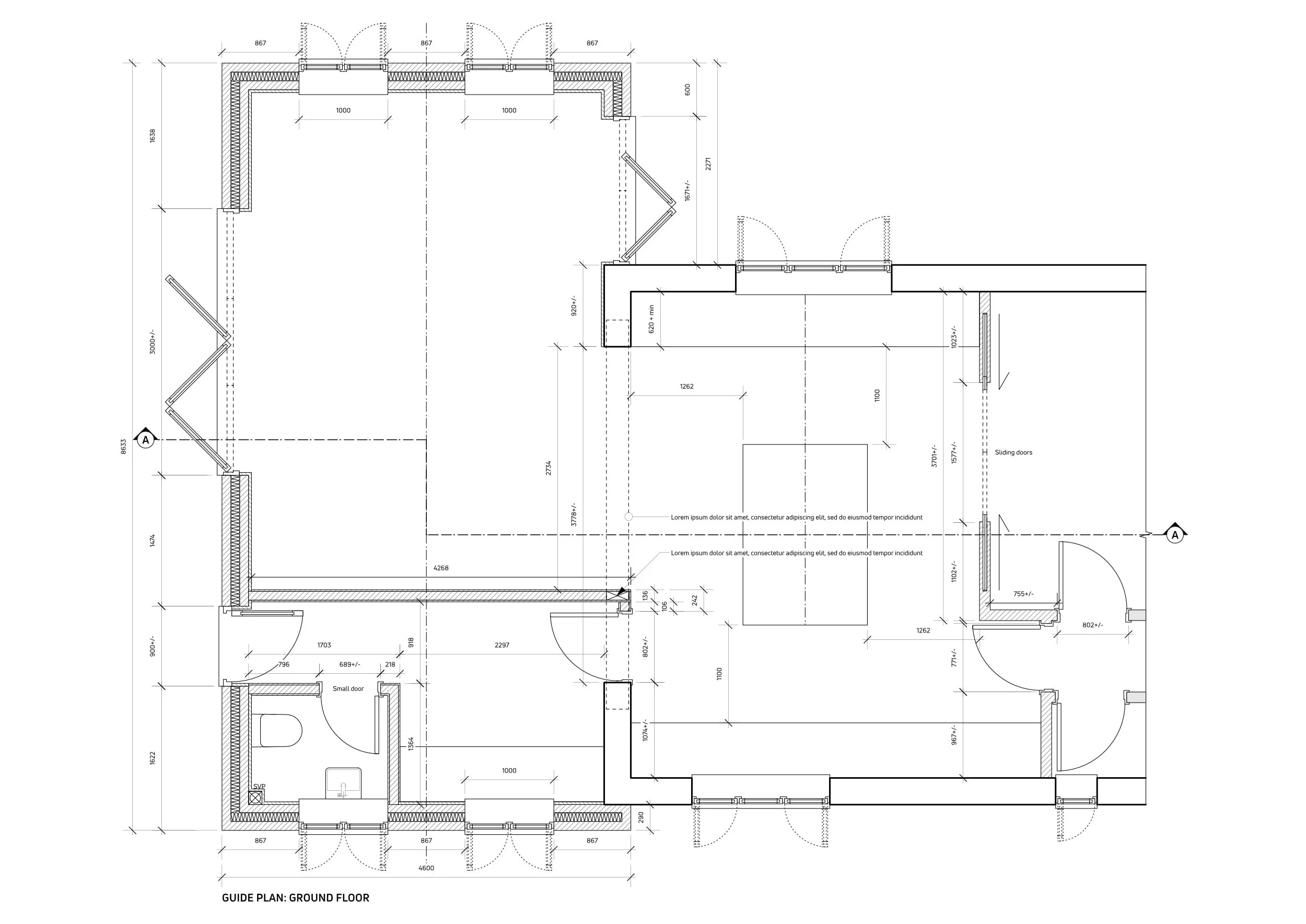 Architectural blueprint of a ground floor building layout with measurements, walls, doors, and labels.