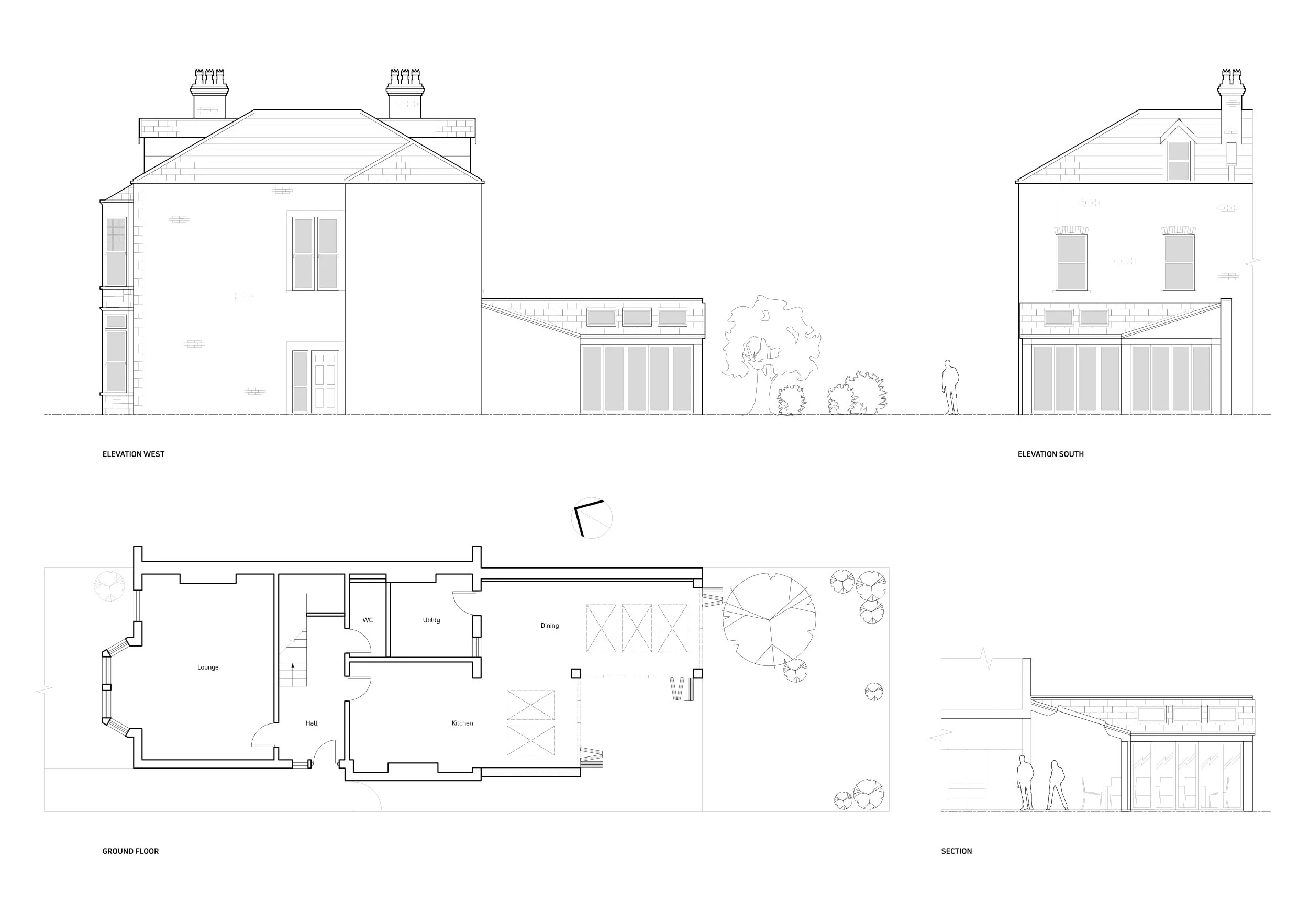 Architectural drawings of a house with top elevation views from the west and south, a ground floor plan, and a sectional view, showing structural elements, rooms, and outdoor landscaping.