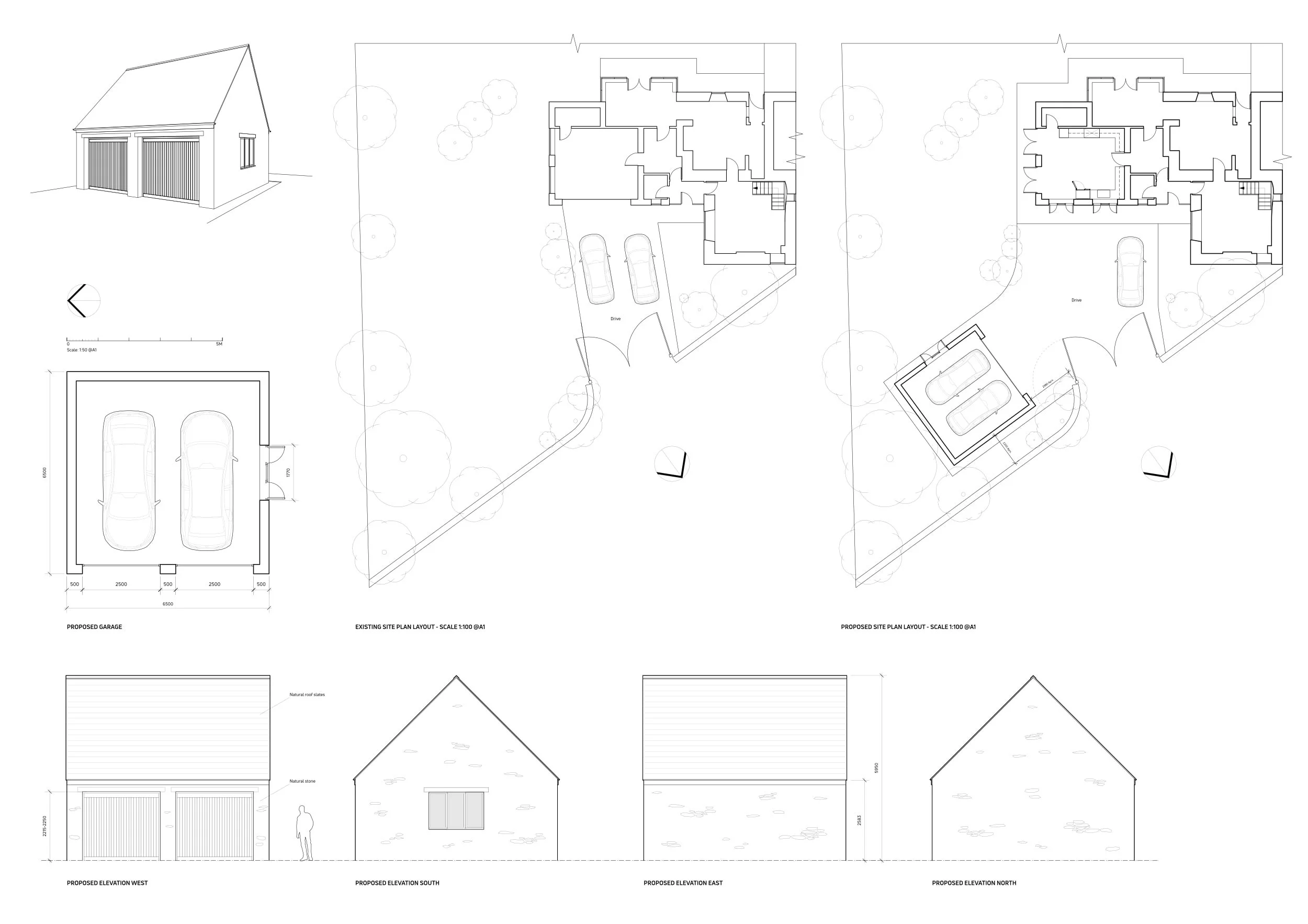 Architectural site plan and elevation drawings of a house with a proposed garage, showing floor plans and exterior views labeled west, south, east, and north elevations.
