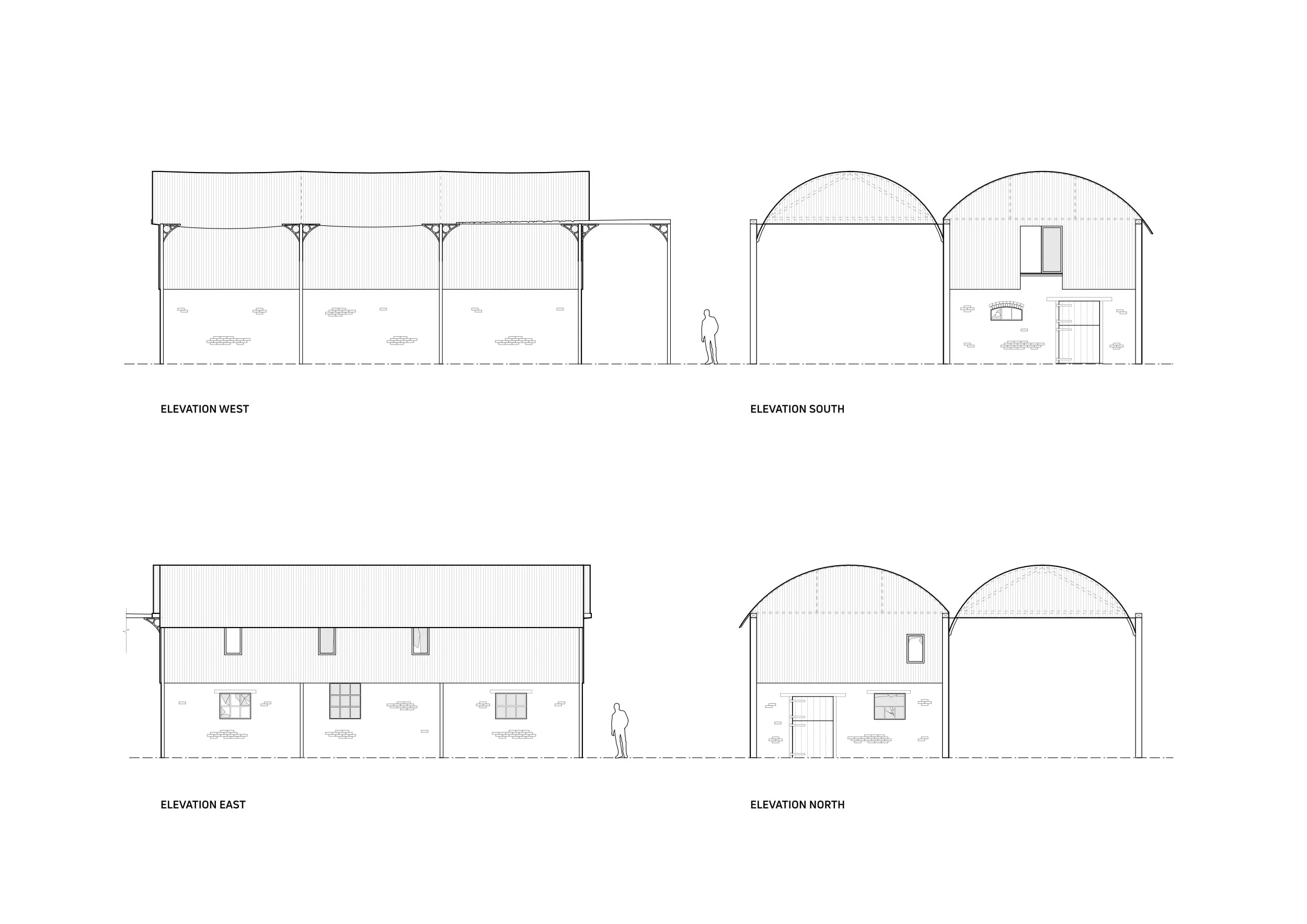 Architectural drawing of a building showing four elevation views: west, south, east, and north, with a human figure for scale.