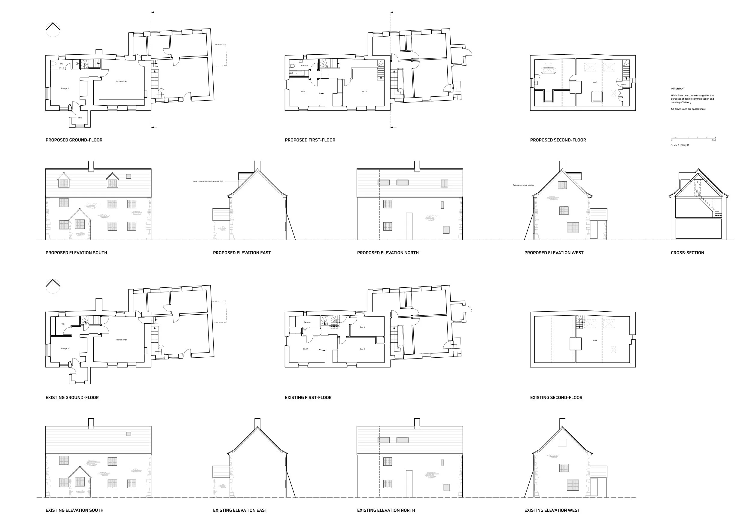 Architectural floor plans and elevation drawings comparing proposed and existing layouts of a multi-story building, including ground, first, and second floors, with side and section views from south, east, north, and west directions.