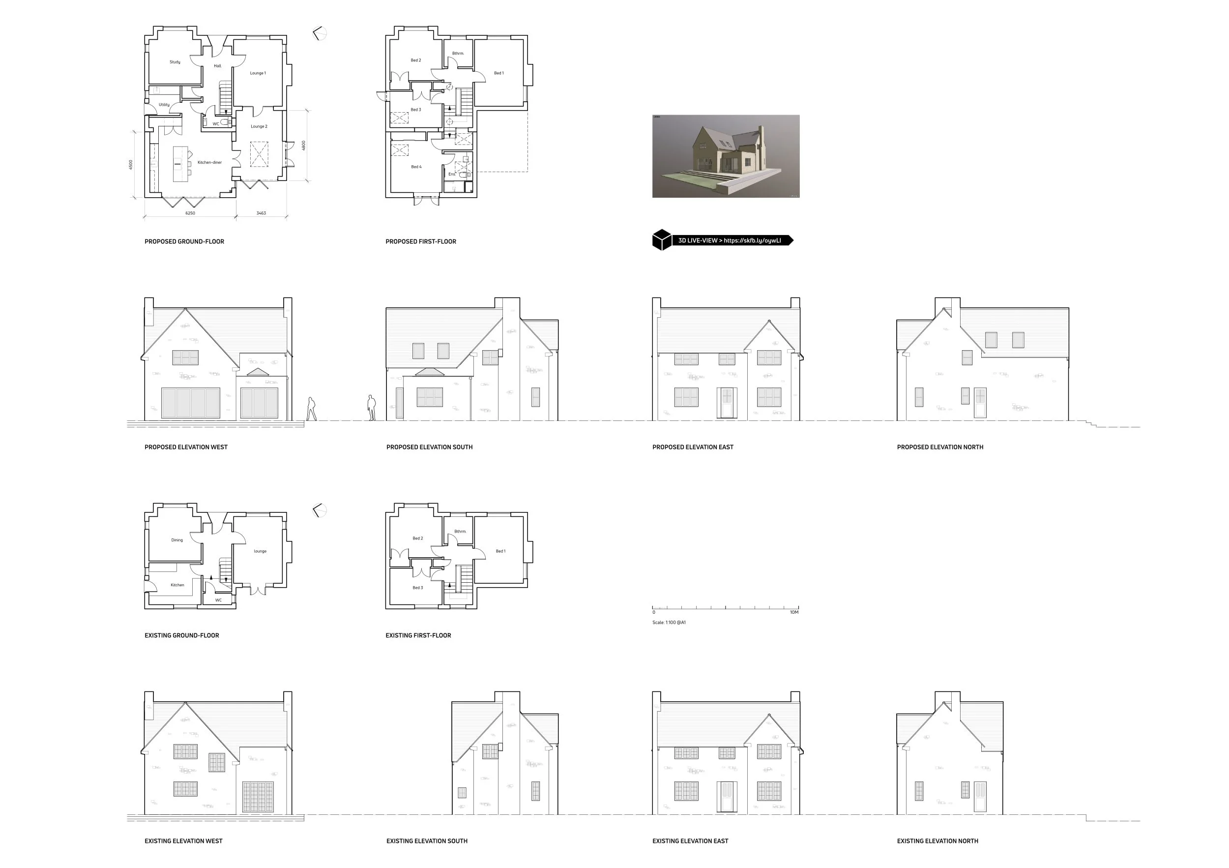 Architectural blueprints of a house, showing proposed and existing ground floor plans, first floor plans, and elevations from four directions, along with a 3D model of the house in the center.