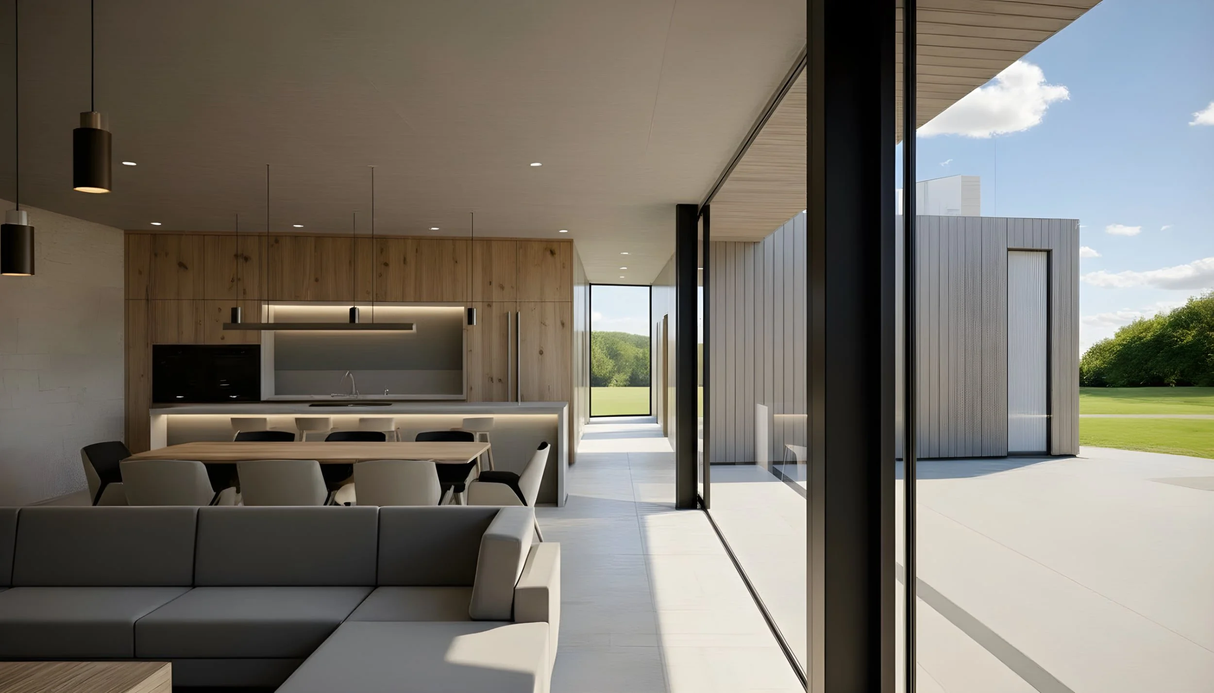 Modern rural villa living room and kitchen with large glass doors opening to outdoor patio and green field, minimalist design, wood accents, black and white furniture.