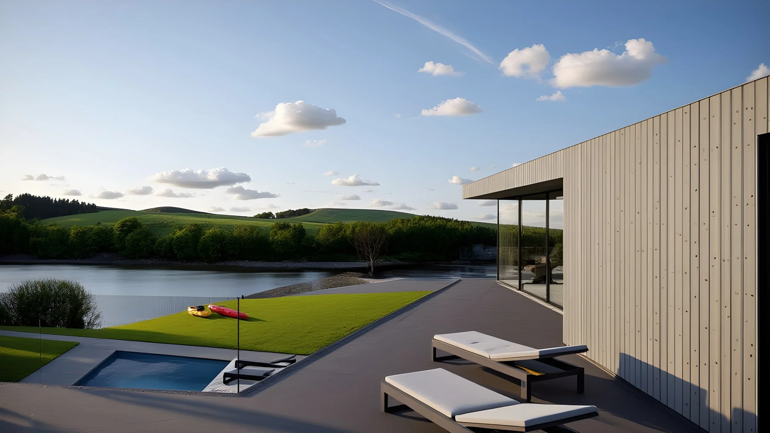 Modern rural villa house roof terrace with a large glass balustrade and patio furniture overlooking a lake, with green hills and cloudy sky in the background.