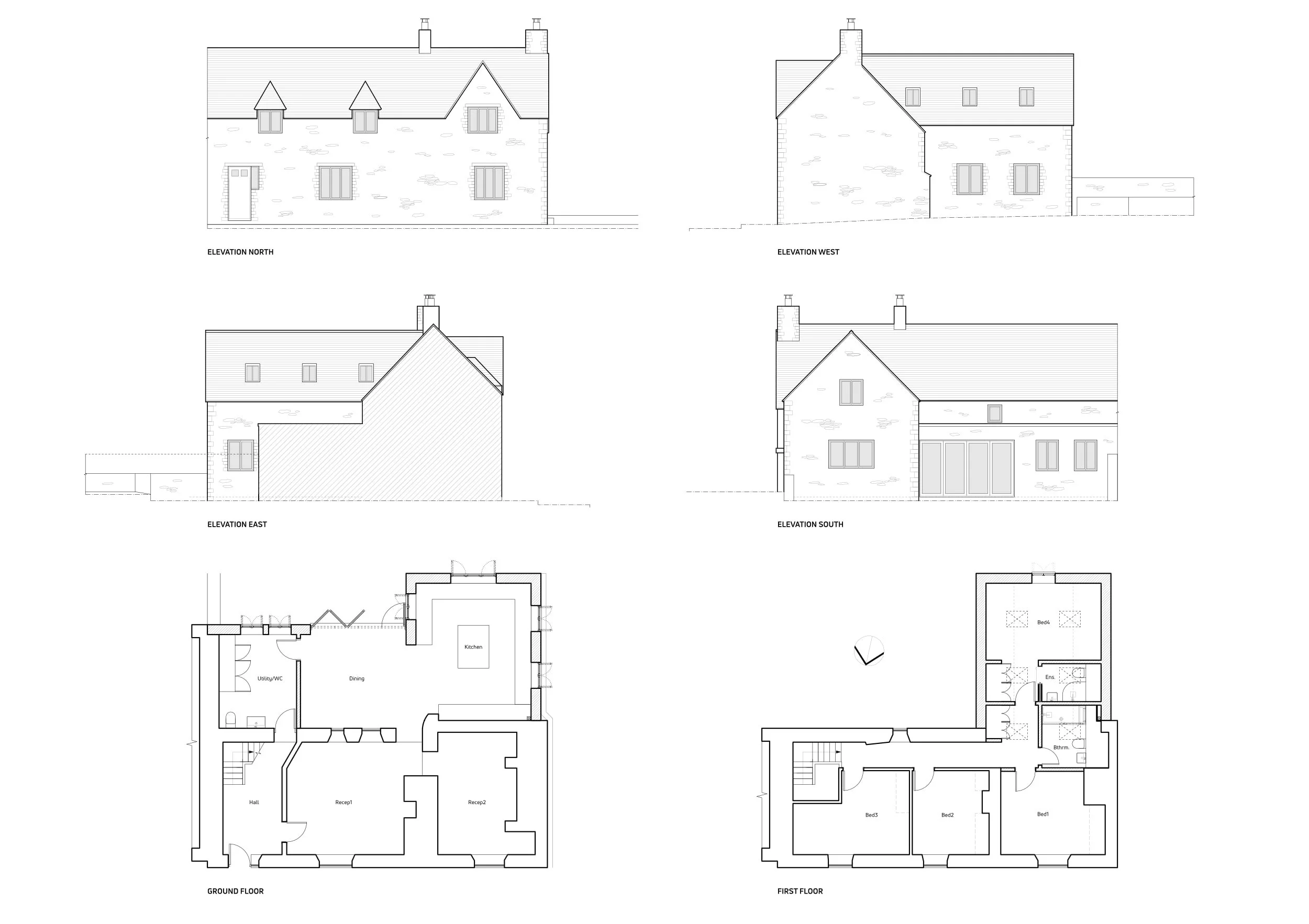 Architectural blueprint of a two-story house showing elevation views from north, west, east, and south, along with the ground floor and first floor plans.