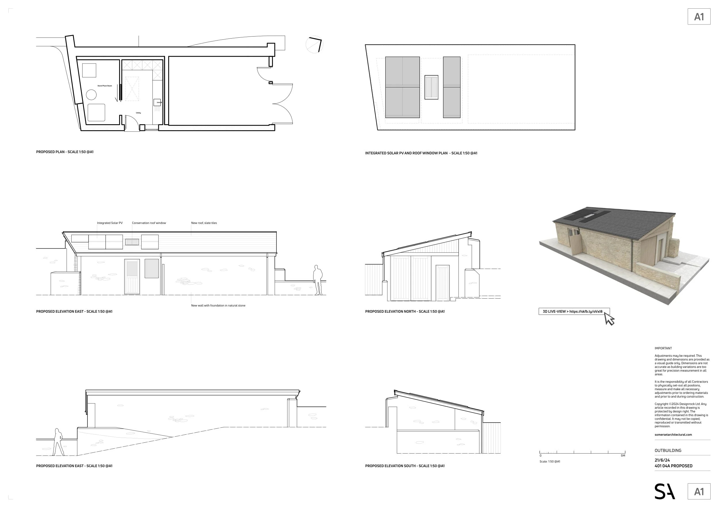 Architectural plans for a small building, including floor plans, elevations, a 3D rendering, and design details.
