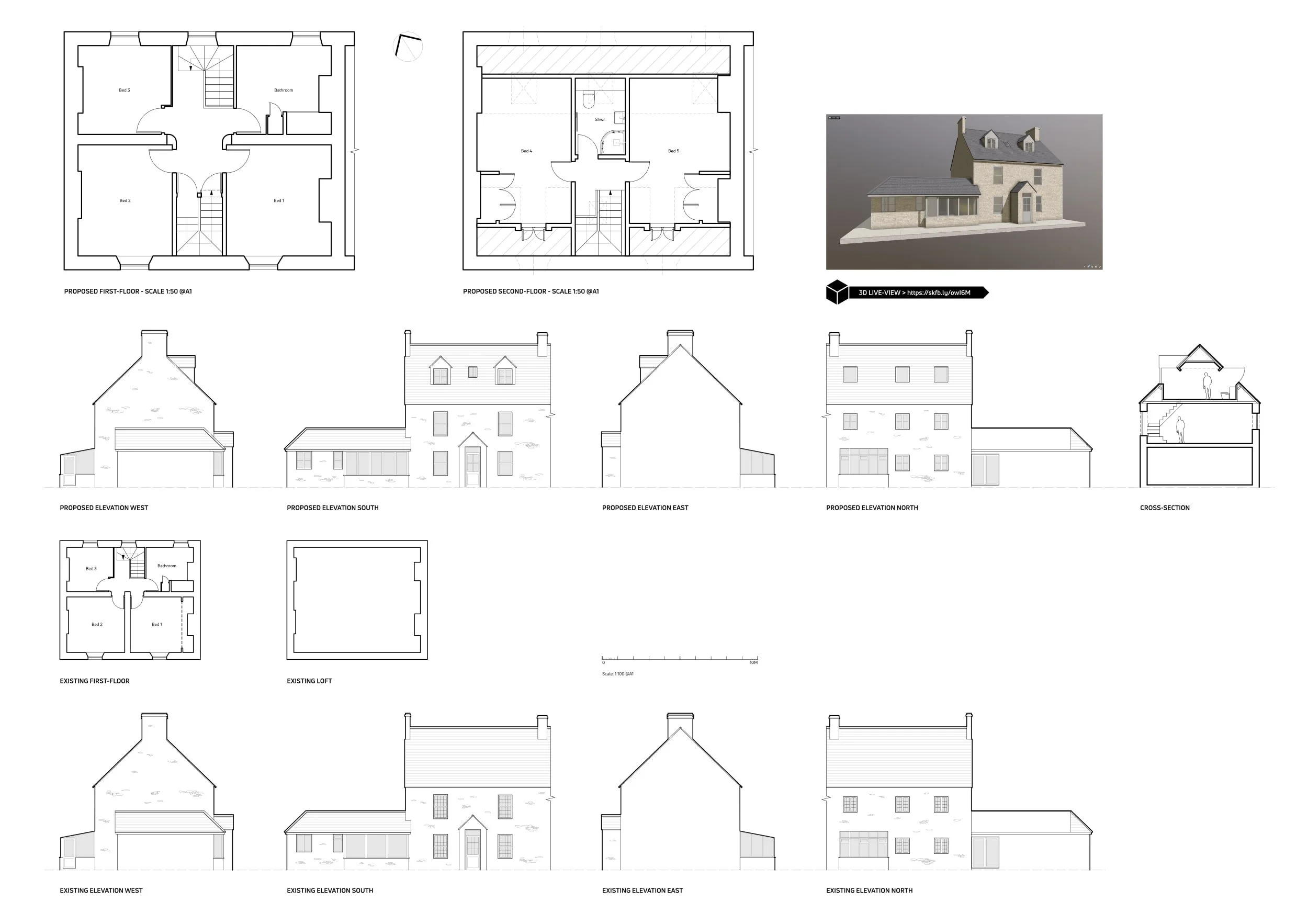 Architectural plan including proposed and existing floor plans, elevations, and cross-section of a two-story house with multiple gables, chimney, and new additions.