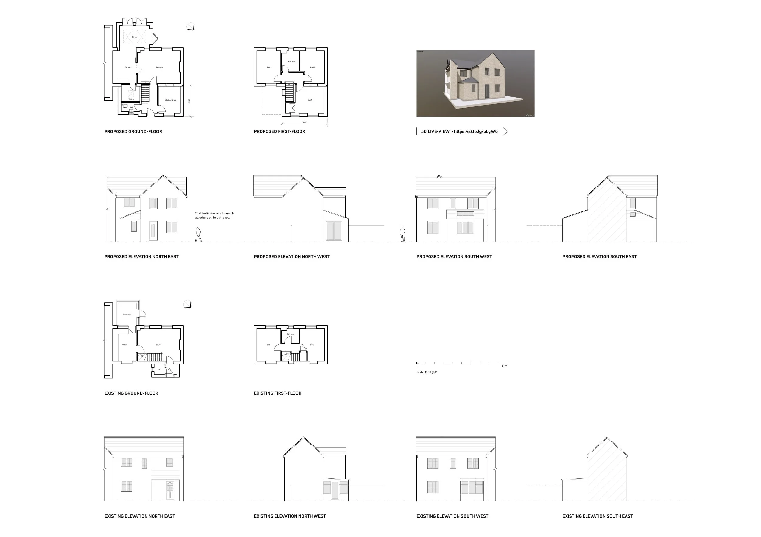 Architectural plans and elevations for a residential building, including proposed ground and first floors, 3D model view, and existing building elevations from multiple angles.