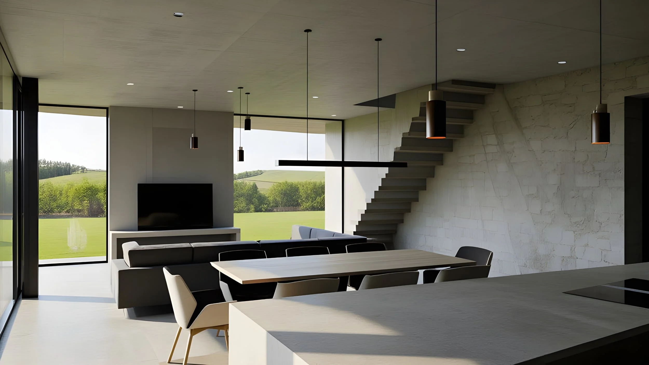Modern living room with large windows showing green hills, a dining table with chairs, a black couch, a TV on a white stand, and a staircase with open steps leading upstairs.