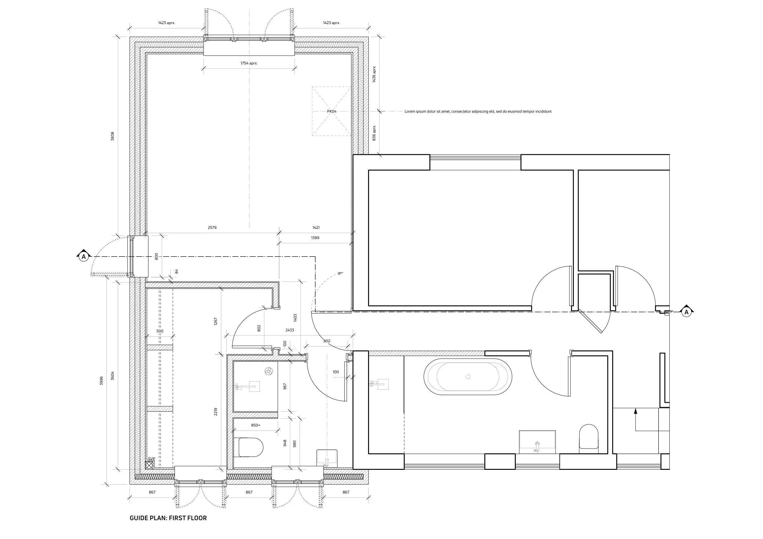 Architectural blueprint of a first-floor building layout with rooms, doors, and measurements.