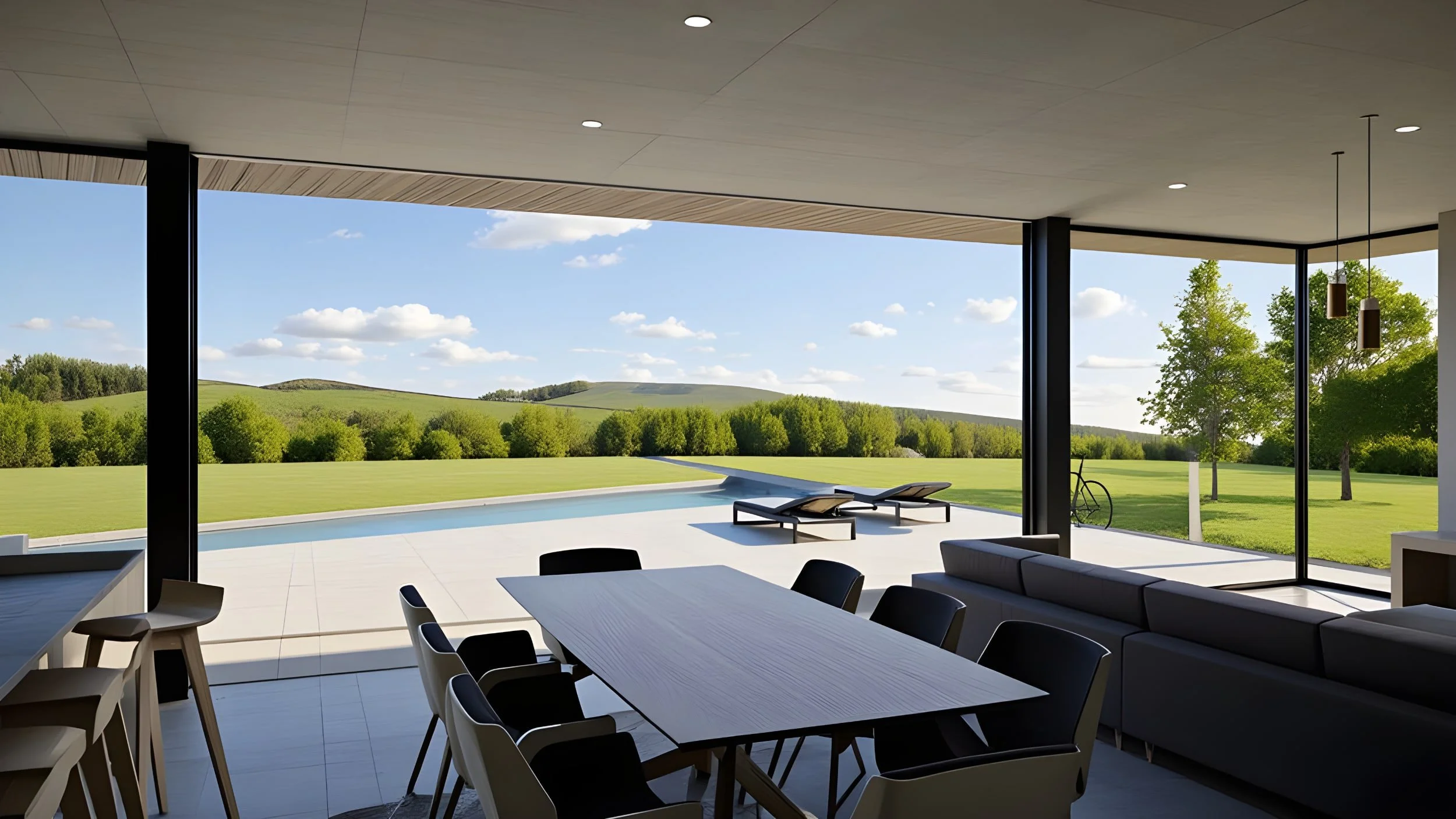 Modern dining area with a large table and chairs, overlooking a patio with lounge chairs and a view of green fields, trees, and rolling hills under a partly cloudy sky.