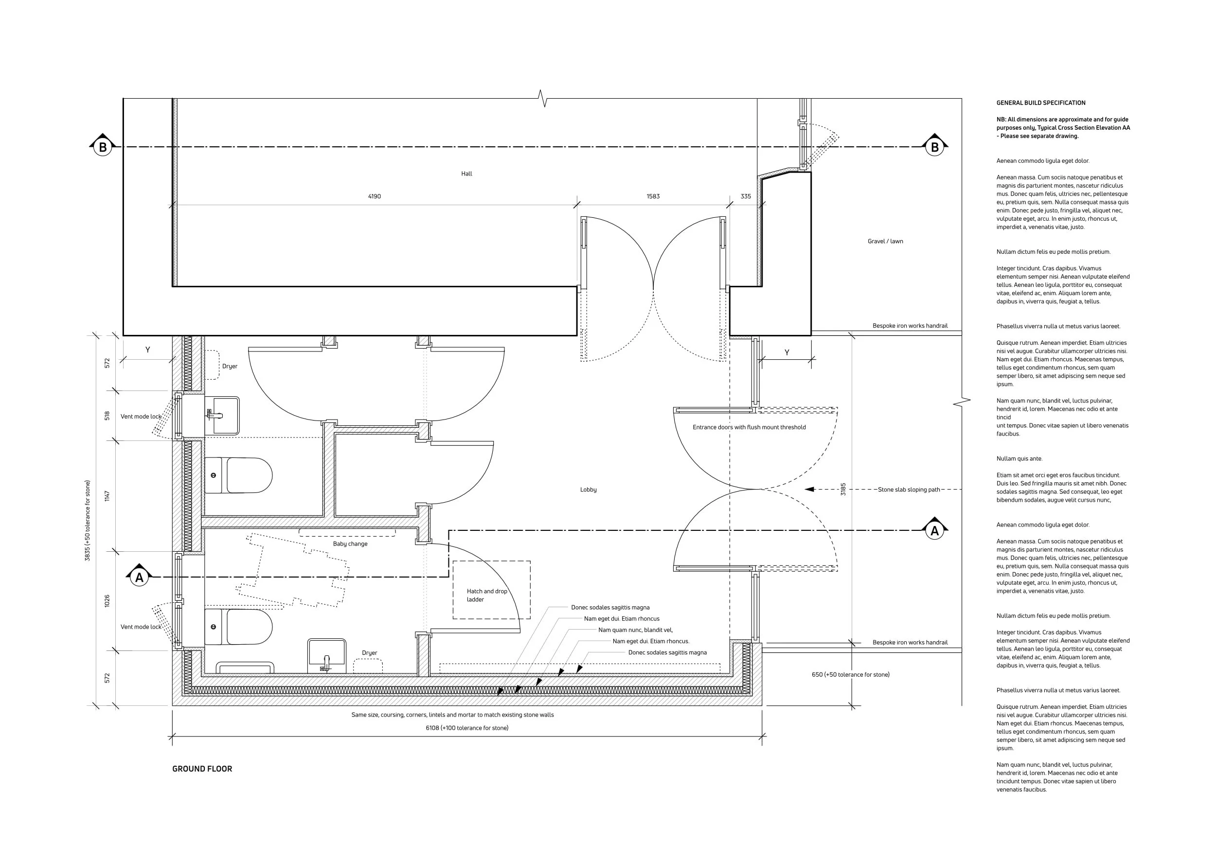 Architectural floor plan of a building's ground floor, including rooms, doors, windows, and dimensions.