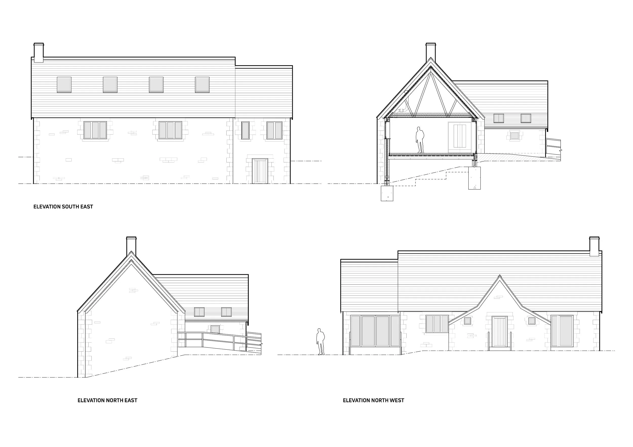 Architectural blueprint showing four elevations of a house: southeast, northeast, and northwest elevations with detailed roof and wall structures, including windows, doors, and a dotted line indicates ground level.
