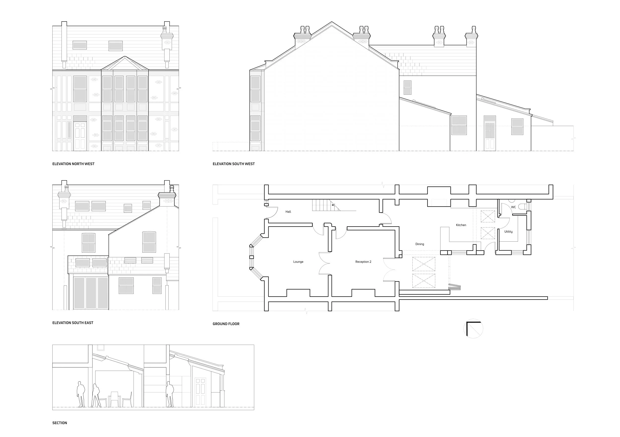 Architectural blueprint of a multi-story residential building showing elevation views, a ground floor plan with rooms labeled lounge, reception, kitchen, utility, and WC, and a section cut with people standing inside.