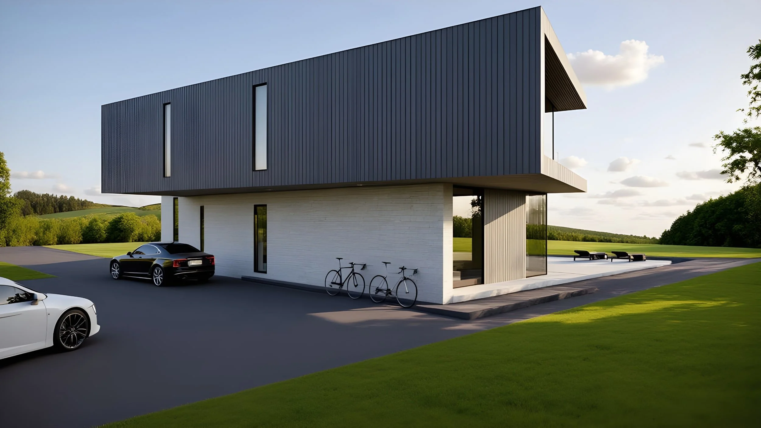 Modern rural villa two-story house with timber cladding upper level and stone lower level, surrounded by green lawn and trees, with parked cars, bicycles, and outdoor seating.