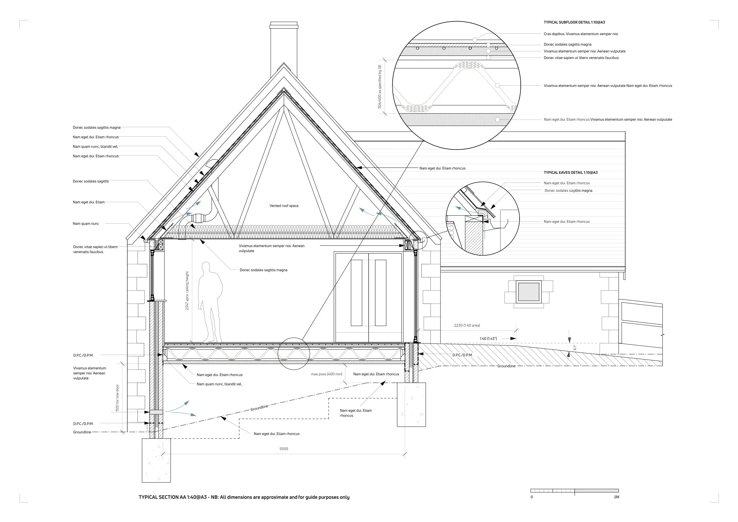 Architectural blueprint of a house cross-section with detailed notes on roof structure, eaves, and vented roof space.