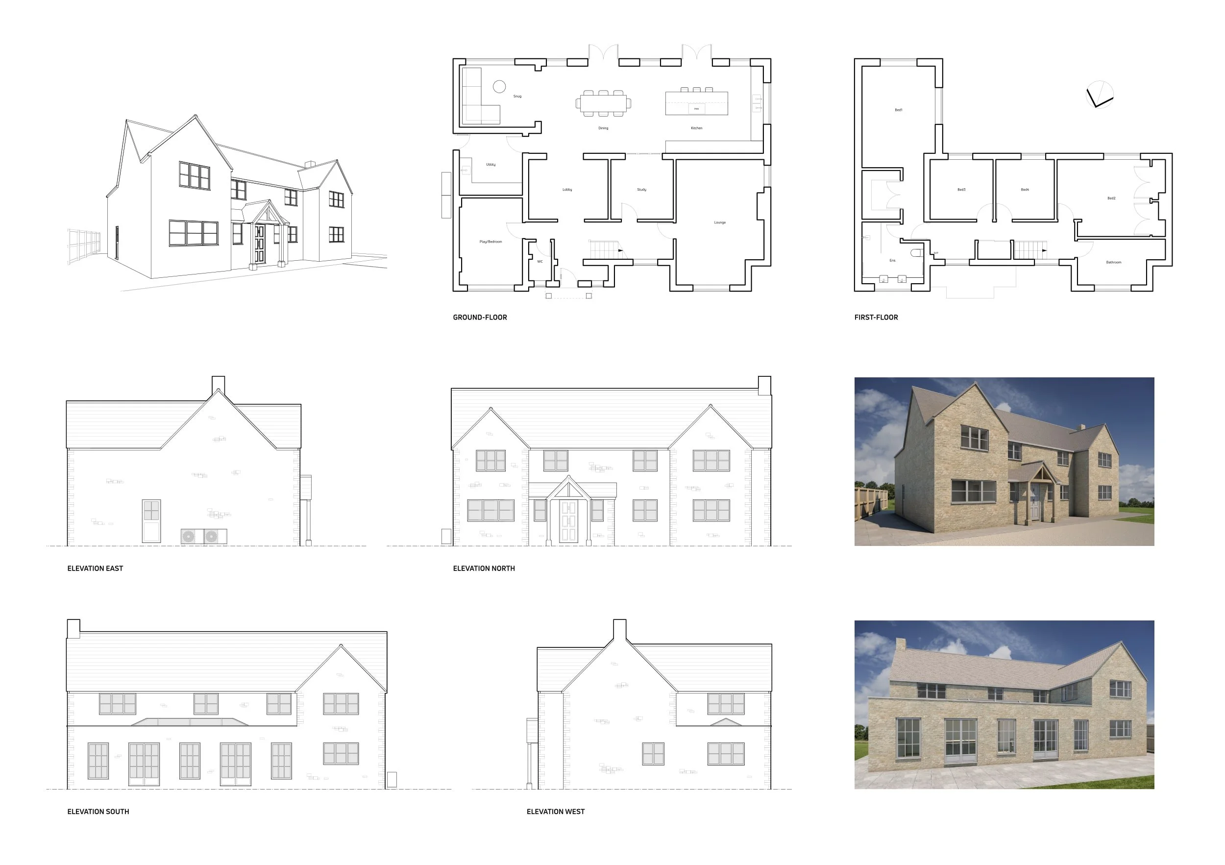 Architectural floor plans and elevations of a two-story house, with 3D renderings of the front and back views showing a beige brick exterior, pitched roof, and multiple windows.