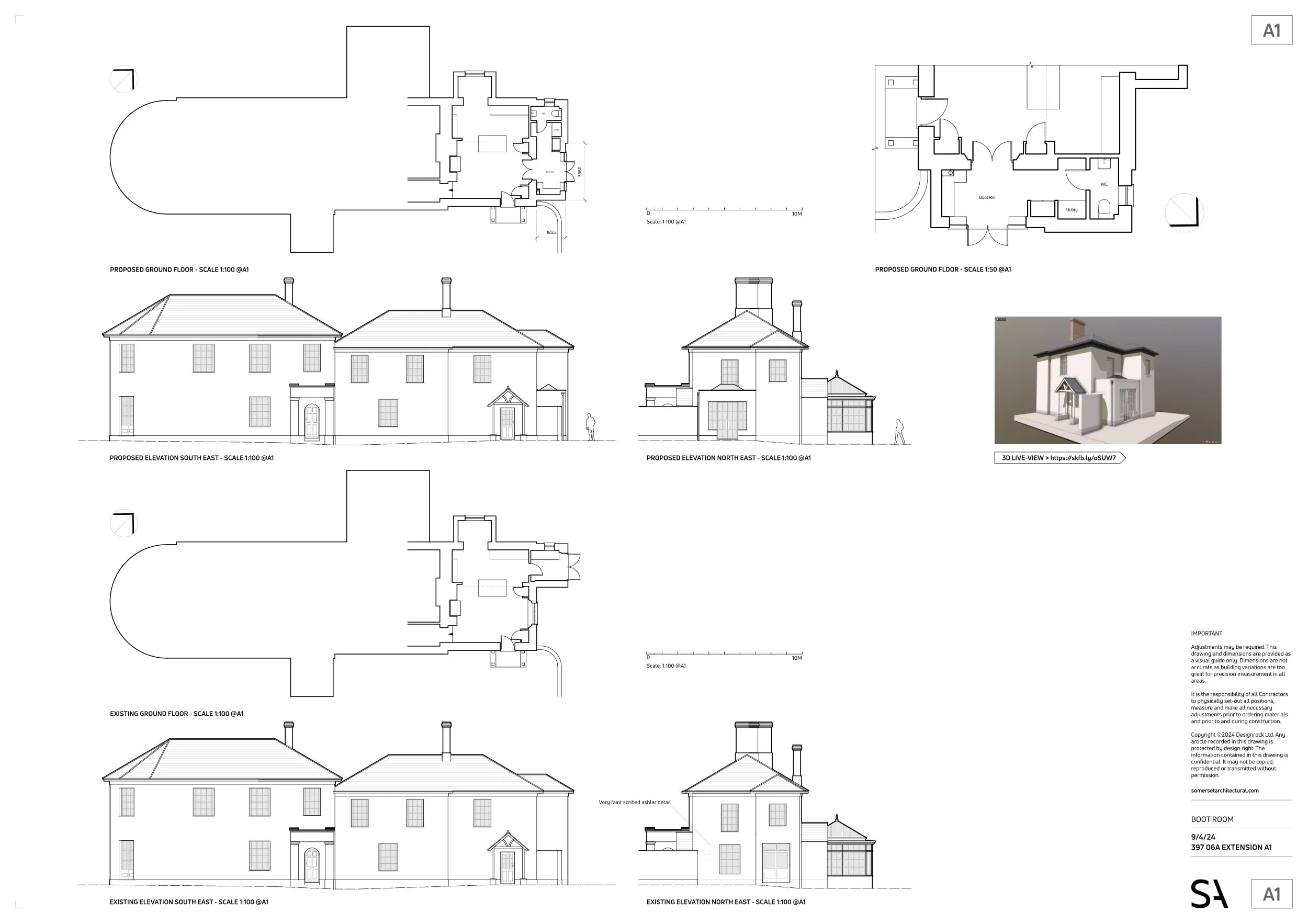Architectural blueprints of a house, including floor plans, elevation views, and a 3D render of the house exterior.