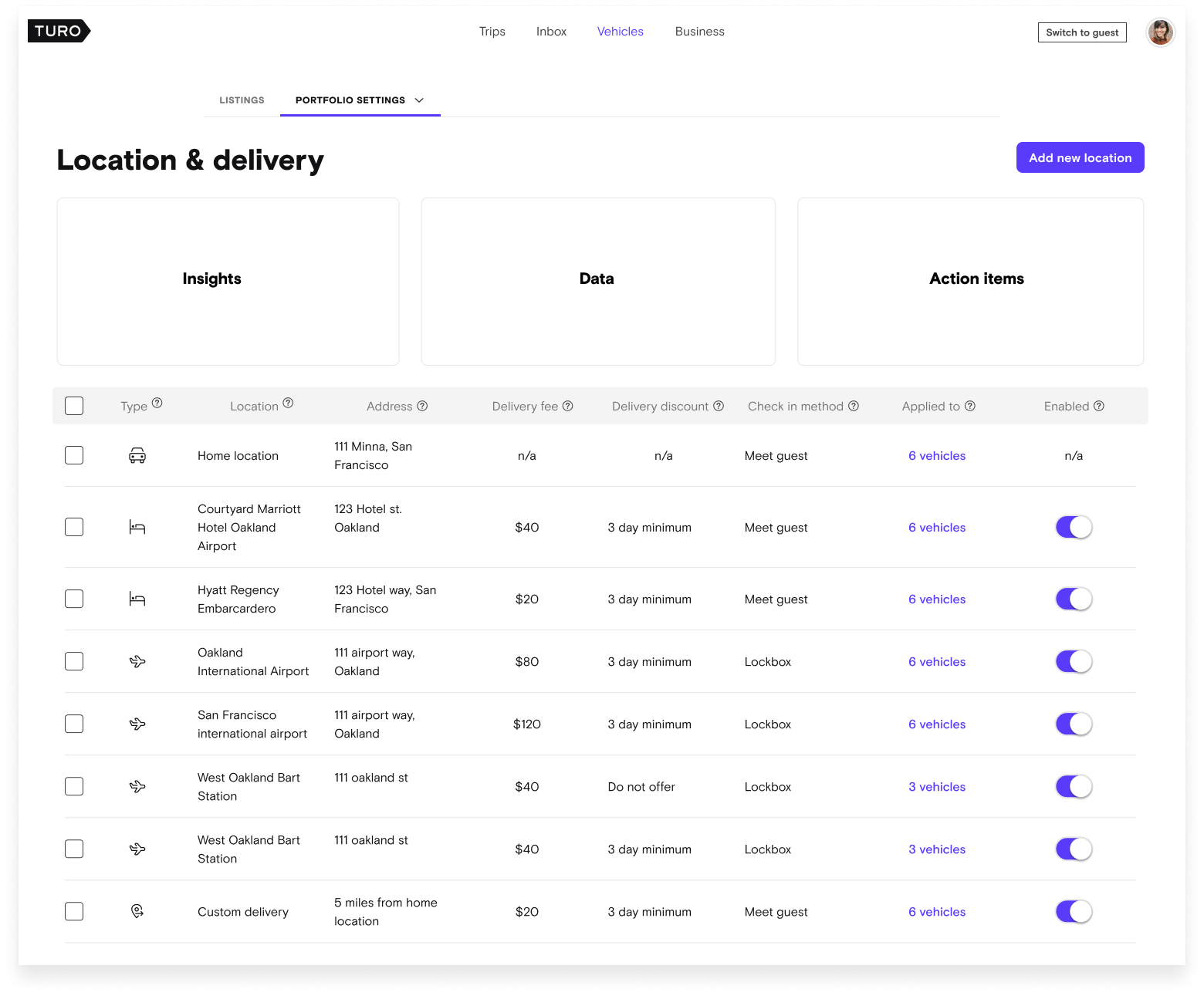 Screenshot of a web interface for managing location and delivery settings, showing a list of locations with details such as address, delivery fee, discount, check-in method, vehicle application, and toggle switches for enabling or disabling each location.