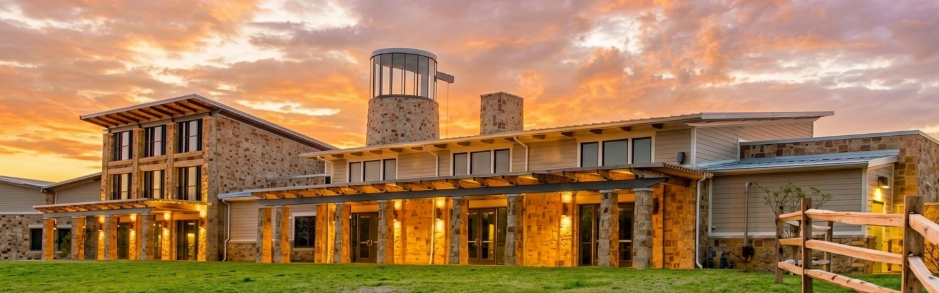 Exterior of The Nature & Retreat Center at sunset
