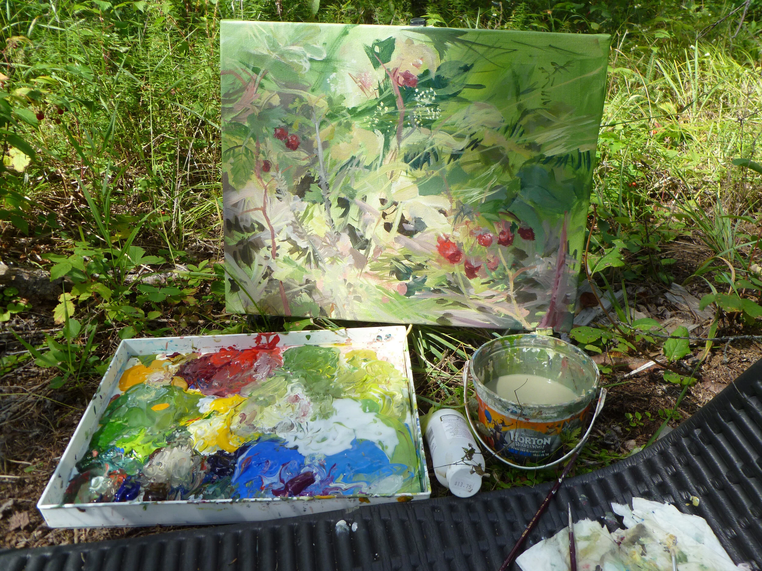 Plein Air painting of wild raspberry patch