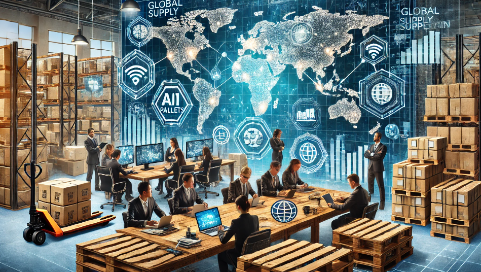 A modern office with diverse professionals collaborating on a digital dashboard showing global maps and supply chain routes. AI icons and blockchain symbols are present. Stacks of wooden pallets, including HT pallets and custom pallets.